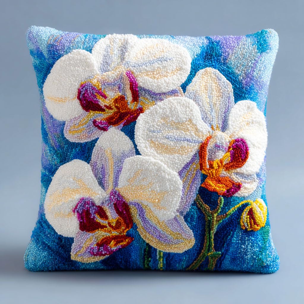 Henypt Latch Hook Kits-H Latch Hook Kits Pillow Orchid Flowers Throw Pillow Pre-Printed Patterns Pillowcase Needlework Crochet Yarns Latch Hooking Cushion 17X17inch