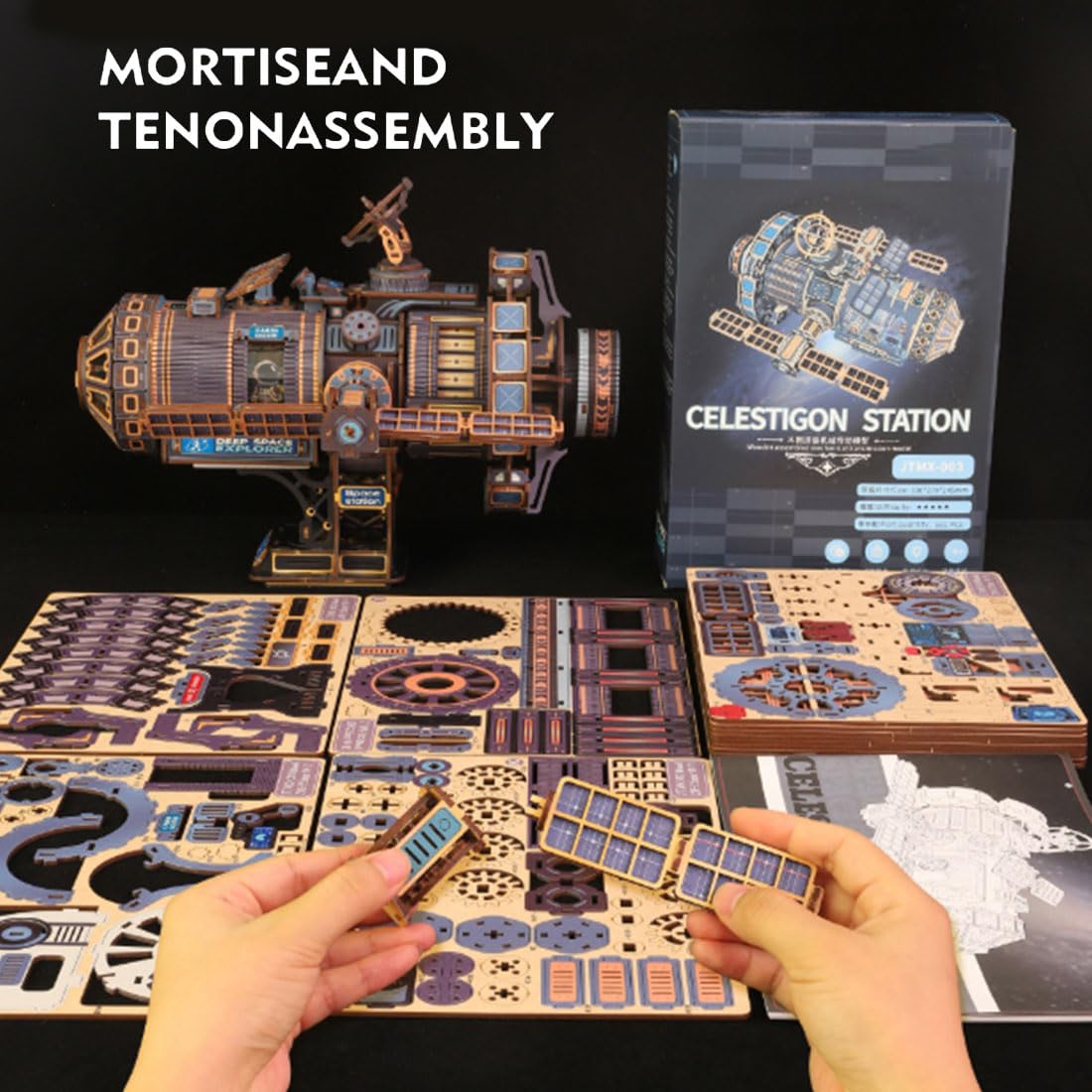 Kit di modellini di stazione spaziale fai da te, set di costruzione meccanica 3D in legno con luce ambientale, modello creativo di assemblaggio astronave per display da tavolo (511 pezzi)