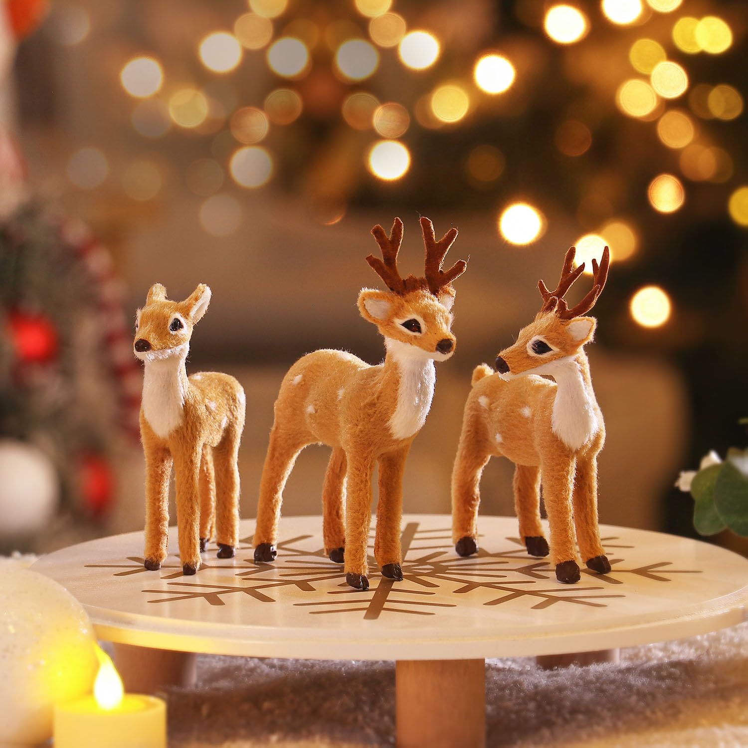 3 Pack Christmas Reindeer Figurines, Festive Holiday Decorations, Rustic Elk Ornaments, Handcrafted Tabletop Decor for Home, Office, Fireplace, Mantle — image 1