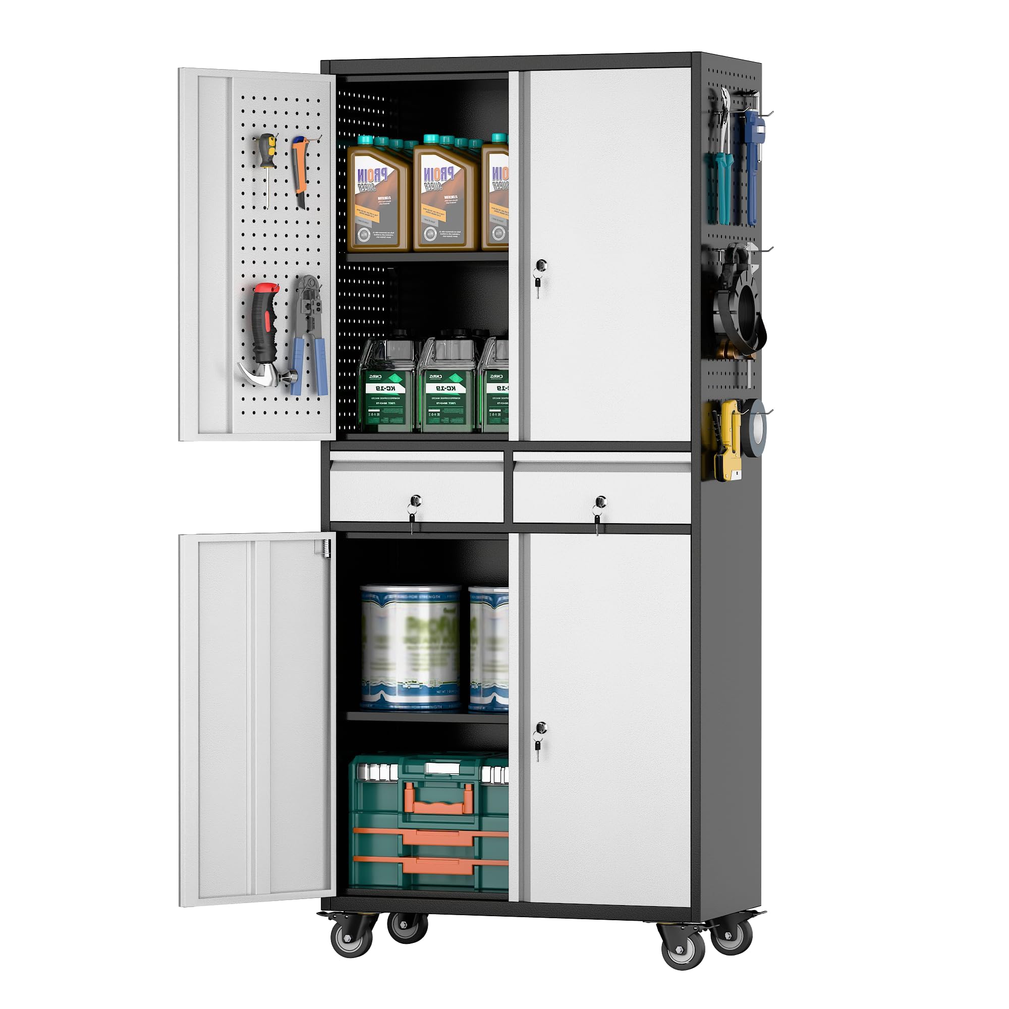 Aobabo 71" H 2 Drawer Metal Storage Cabinet with Wheels and 4 Pegboards,Lockable Steel Garage Storage Cabinet with 2 Adjustable Shelves,Black Sliver,Assembly Required