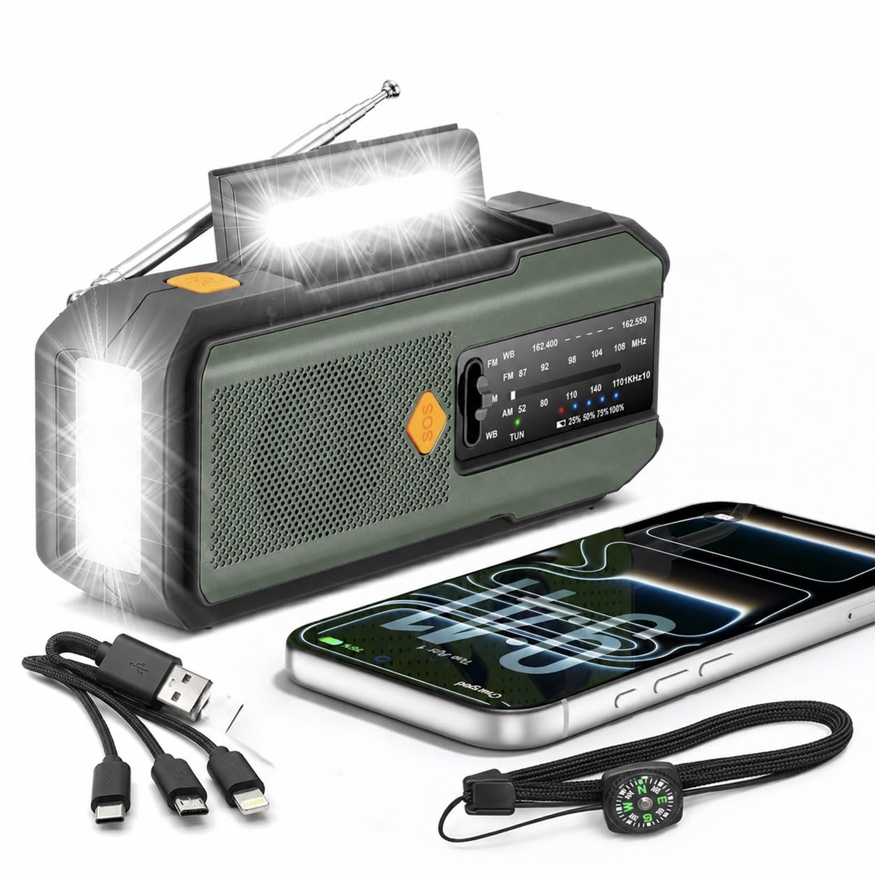 Wind Up Solar Emergency Radio 5000mAh, Hand Crank AM/FM, USB-C Charging, Removable Battery, LED Torch & Reading Lamp, Power Bank, SOS Alarm, Compass, IPX Water Resistant (Army Green)