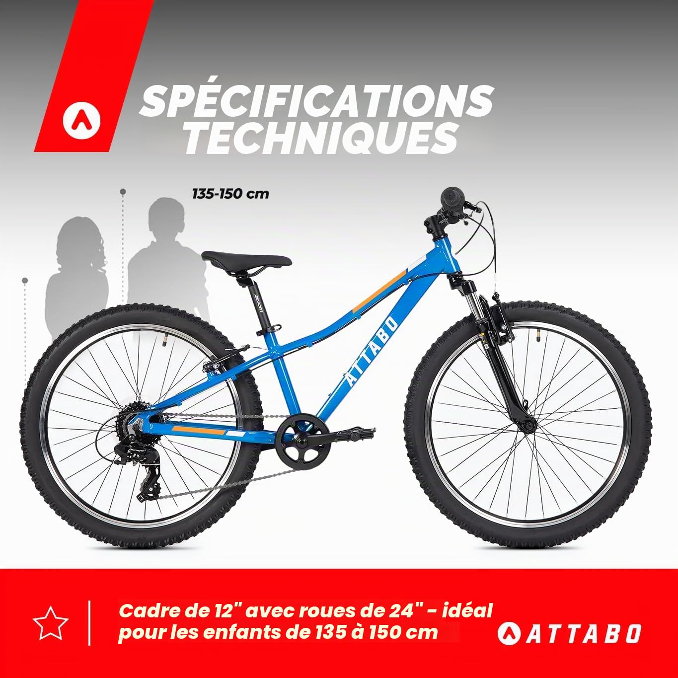 ATTABO VTT JR pour Enfant avec Cadre en Aluminium 12" - Roues de 24" - avec Accessoires - Guidon Ergonomique en V - Selle réglable - Dérailleur à 8 Vitesses