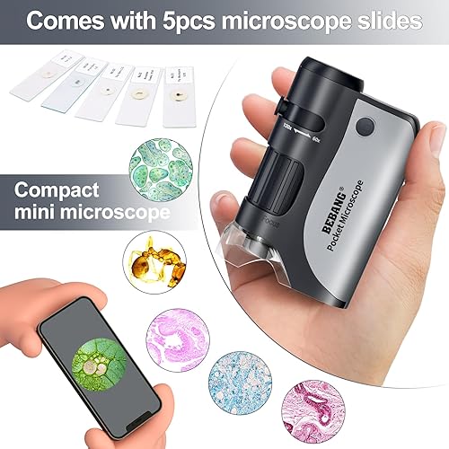 Miniatura 2 de BEBANG Microscopio de bolsillo, mini microscopio de mano 60X-120X para niños con zoom iluminado LED, kits de microscopio portátil con 5 diapositivas