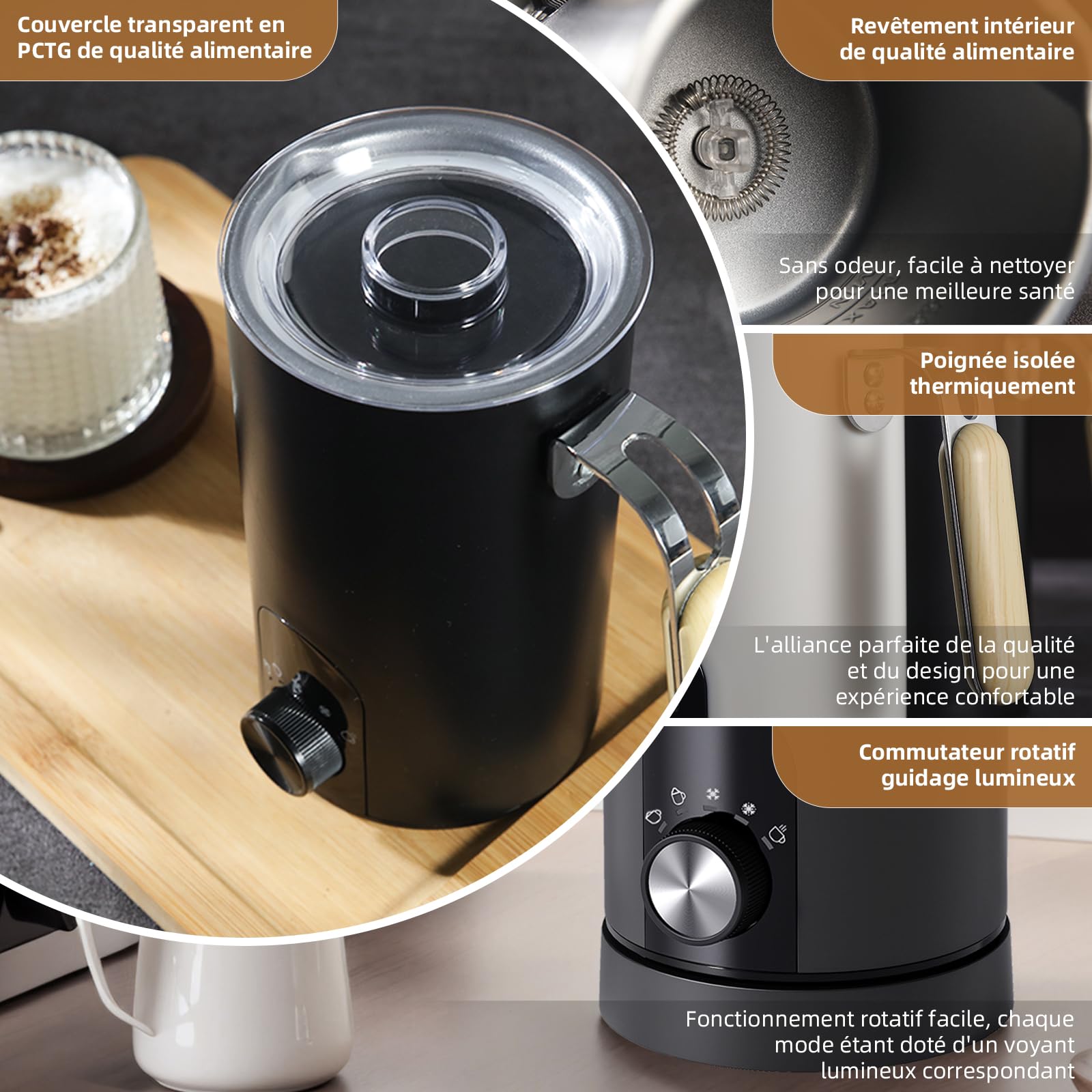 JIANYANA Mousseur à lait électrique 5 en 1,mousseur à lait automatique chaud froid chauffe-lait chocolat chaud,Grande capacité Inox à Nettoyage Facile,pour latte,cappuccinos,macchiato(noir)