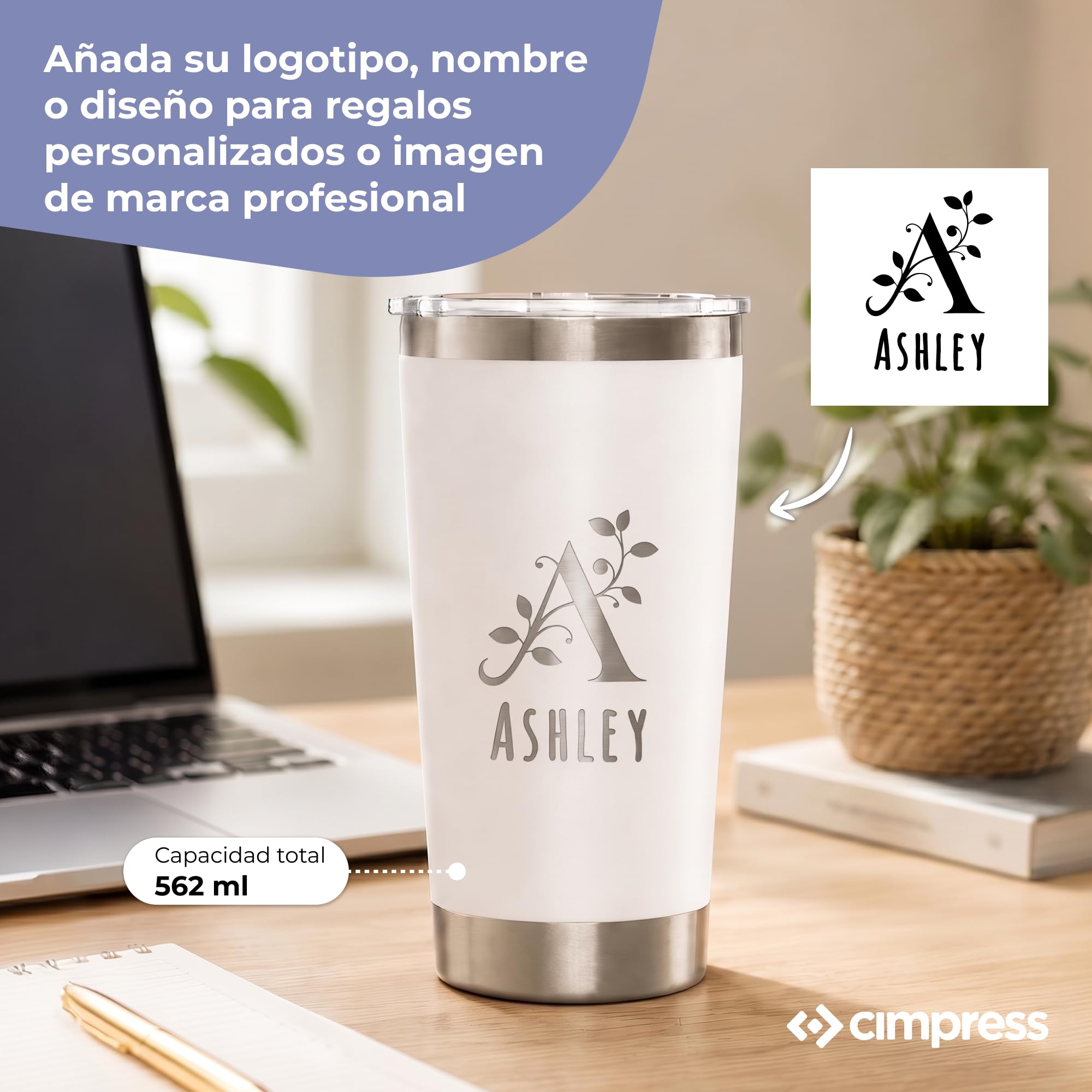 Cimpress Vaso térmico personalizado, 562 ml, doble pared, Blanco