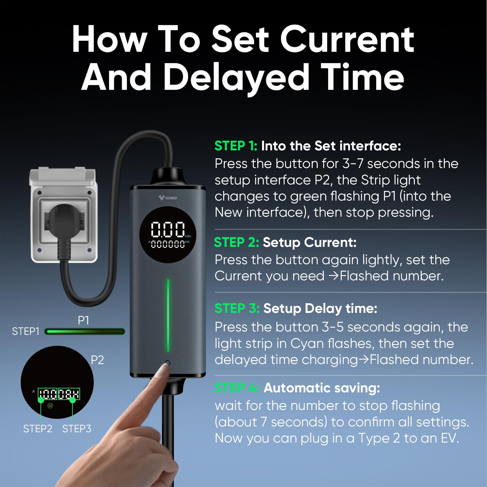 GONEO Portable EV Charger 5M, 3-Pin UK Plug to Type 2 | Temperature Monitor,AC 30mA+DC 6mA Leakage & Earth Protection | 10A 2.3kW Electric Car Charging Cable for Home/Travel,Adjustable Current & Timer — view 6