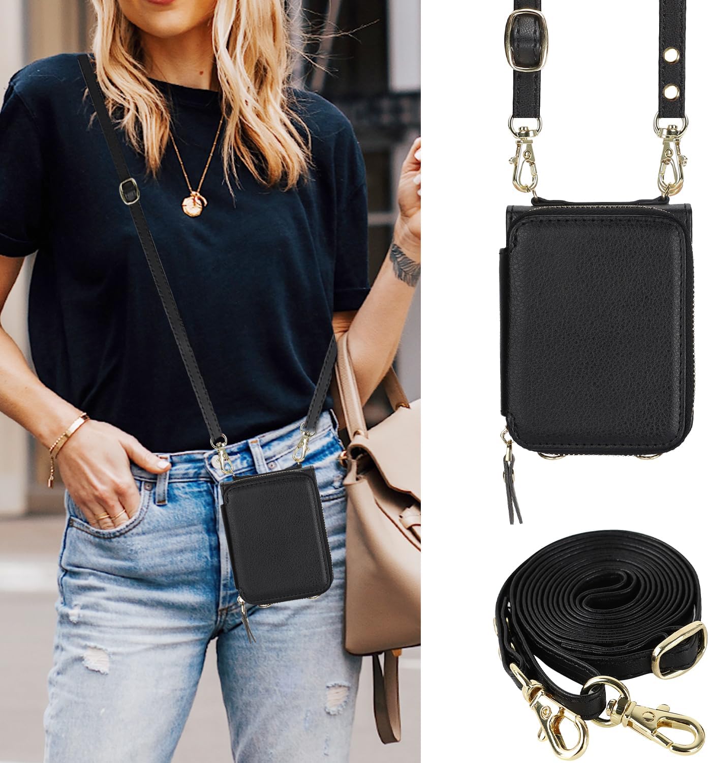 Asuwish Phone Case for Samsung Galaxy Z Flip 4 5G 2022 Wallet Cover with Credit Card Holder Zipper Slot Shoulder Crossbody Strap Lanyard RFID Blocking Cell Purse ZFlip4 Z4 Flip4 4Z Women Girls Black