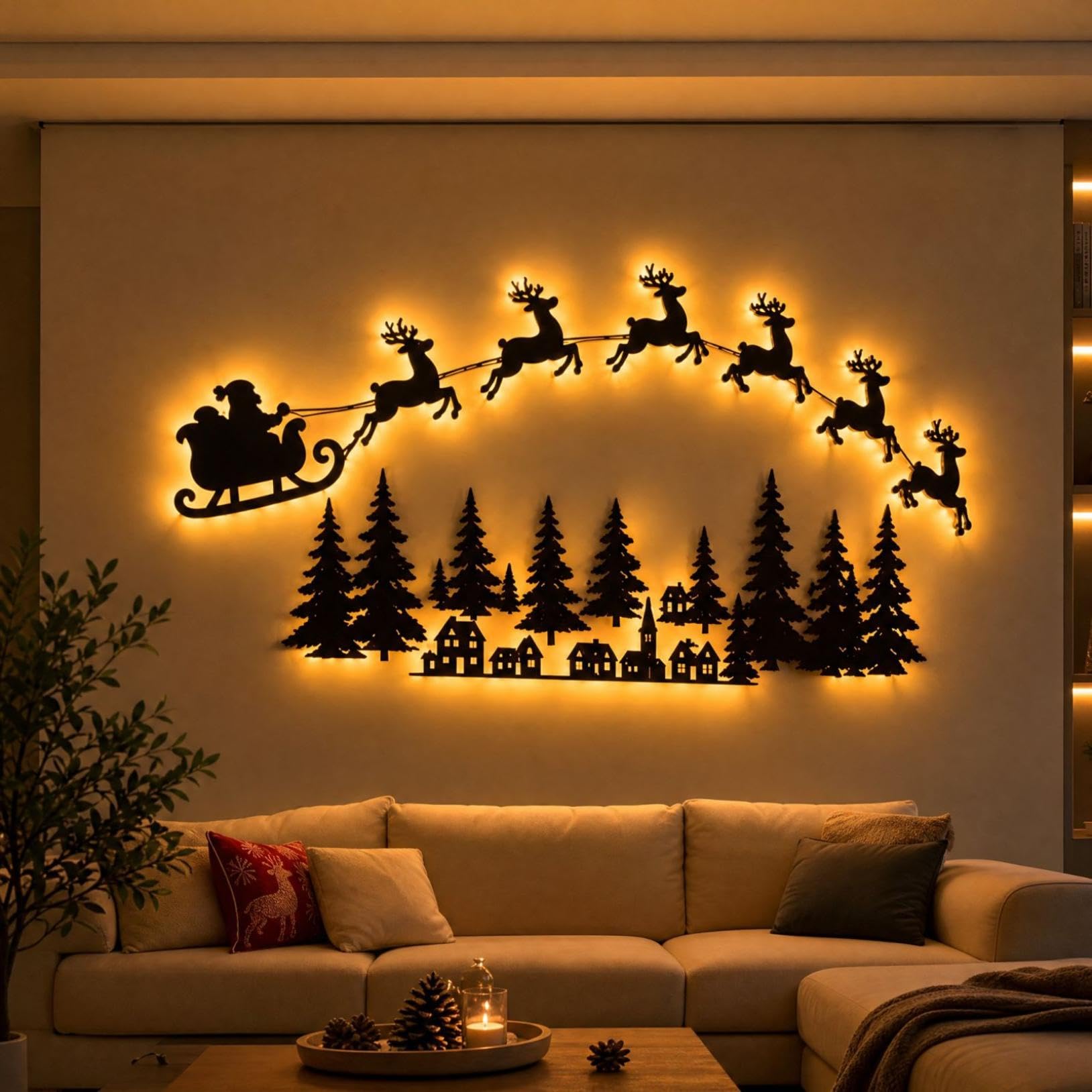 Illuminated Wooden Reindeer Sleigh Light Set,Christmas Wall Art (Combo Set)