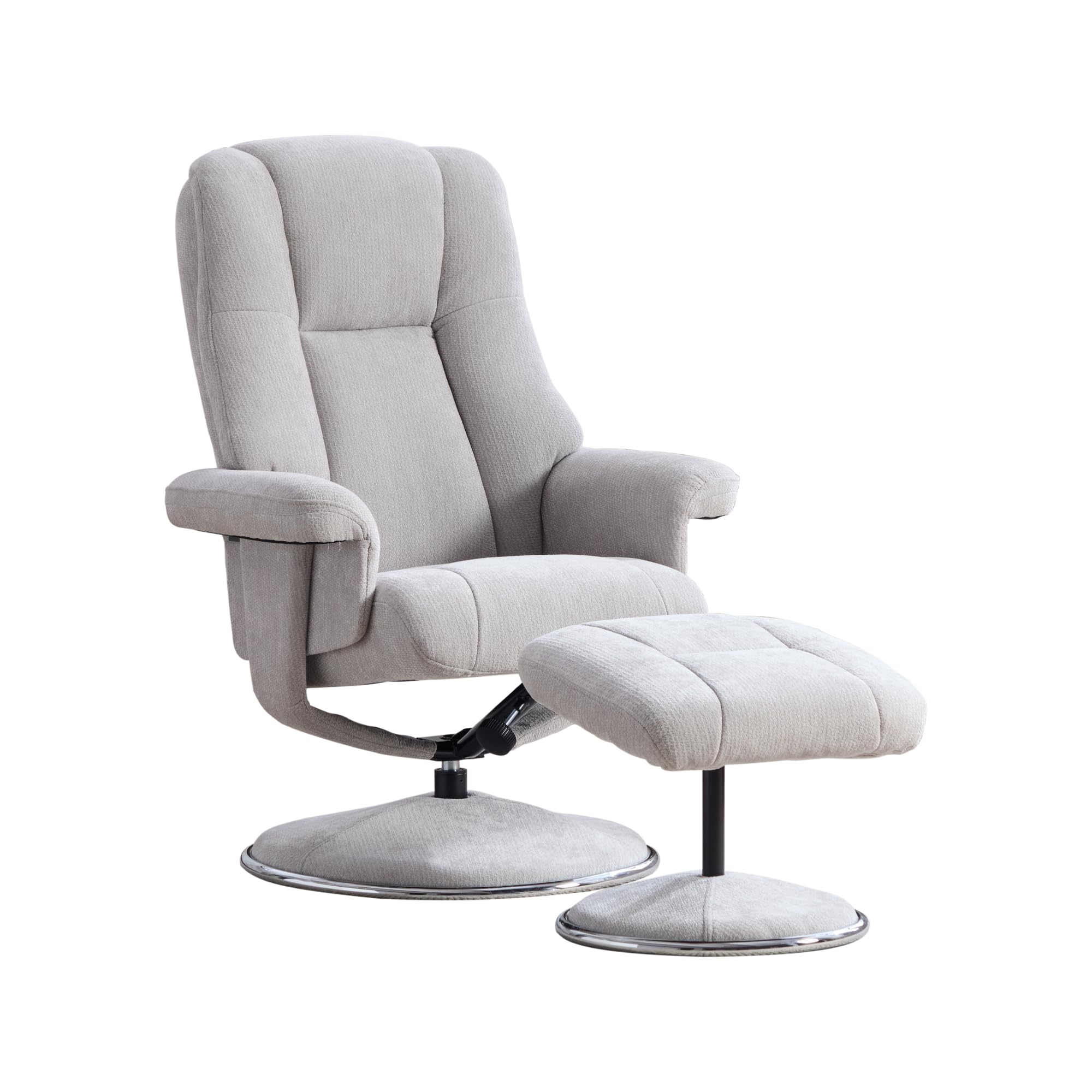 REXO Poltrona relax girevole multifunzionale con sgabello, tessuto di ciniglia, base interamente in metallo, rivestita in tessuto, estetica, stabile e affidabile, colore grigio