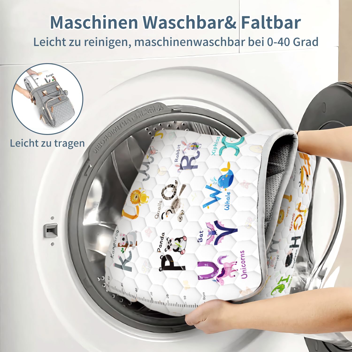 Tappeto Gioco Bambini 127x127cm,Addensare Tappeto Gioco Neonato Pieghevole con 26 Lettere,Stampa Animalier e Righello per l'altezza,Educare Tappeto Neonato,Antiscivolo,Lavabile in Lavatrice