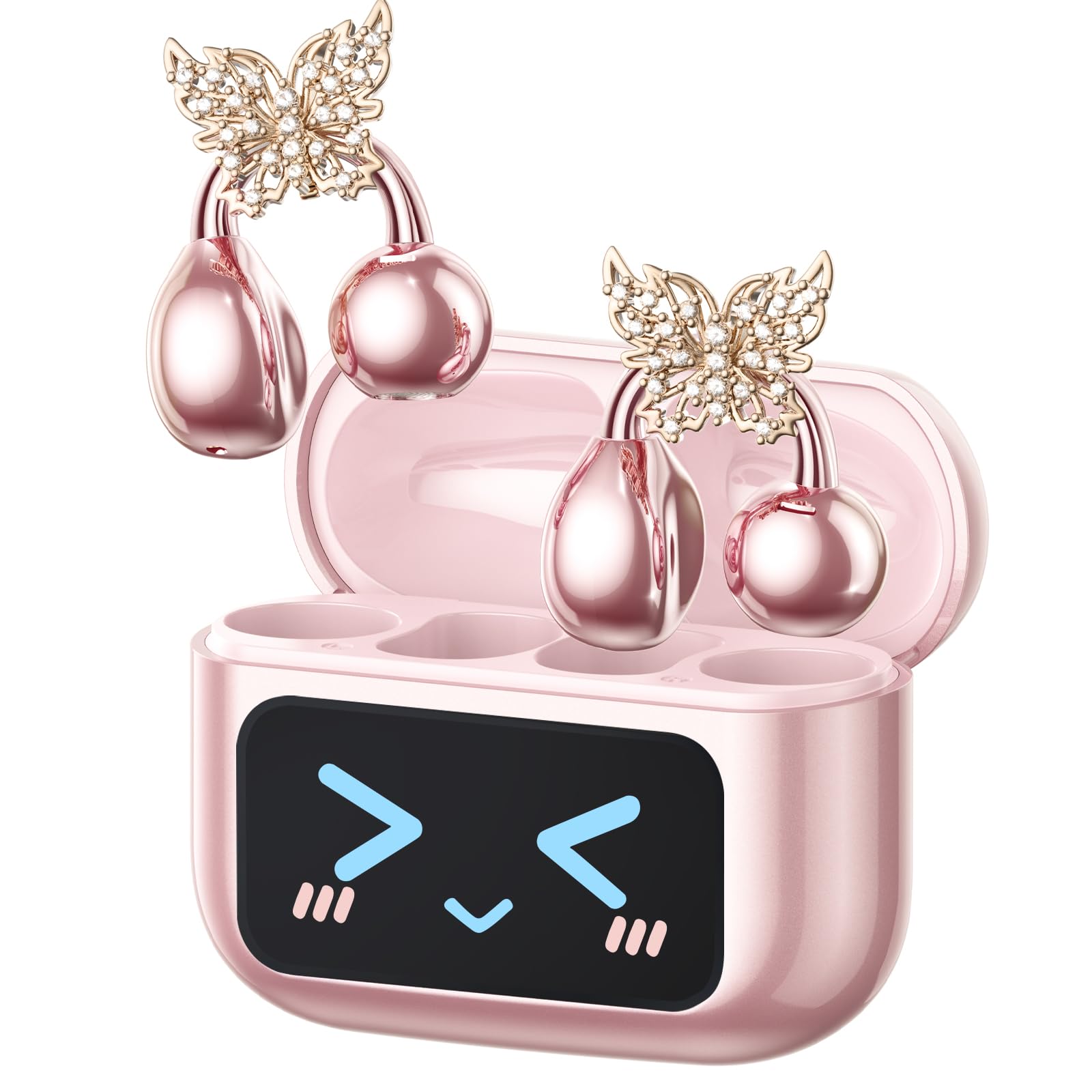 ZOMBIES CAT Cuffie Open Ear Clip-on con Schermo Touch & Orecchini Farfalla Rimovibile – Auricolari Bluetooth 5.4, Audio HiFi, Auricolari Open Ear Design Elegante per Sport e Tempo Libero, M100 Rosa