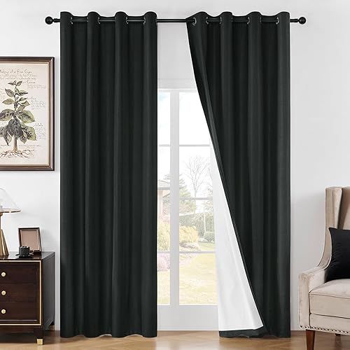 Miniatura 11 de Joydeco - Cortinas opacas negras de 84 pulgadas de largo - Cortina de lino 100% opaca para dormitorio, con bolsillo para cortinero y lengüetas