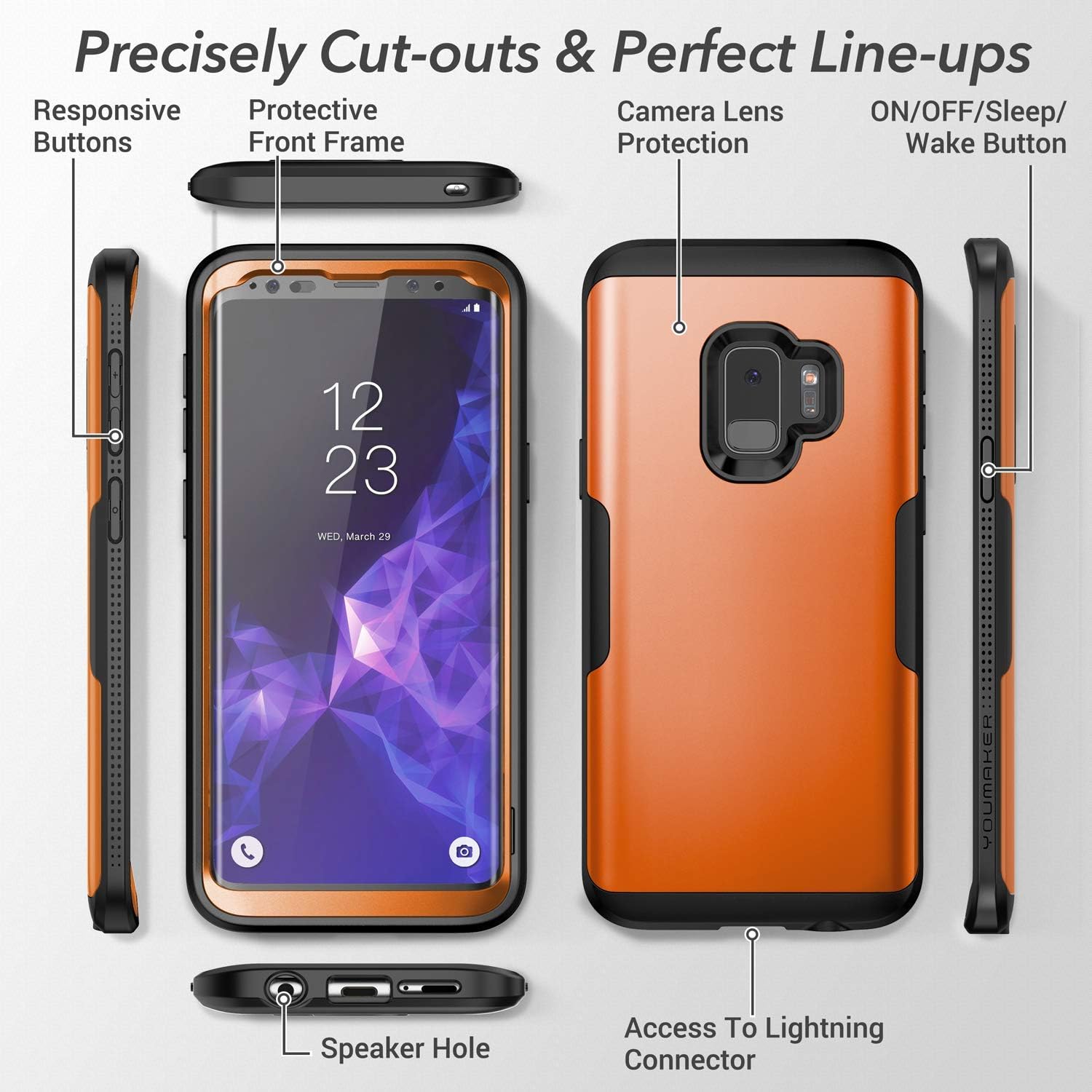 YOUMAKER Galaxy S9 Case,Metallic Orange with Built-in Screen Protector Heavy Duty Protection Shockproof Slim Fit Full Body Case Cover for Samsung Galaxy S9 5.8 inch - Orange/Black