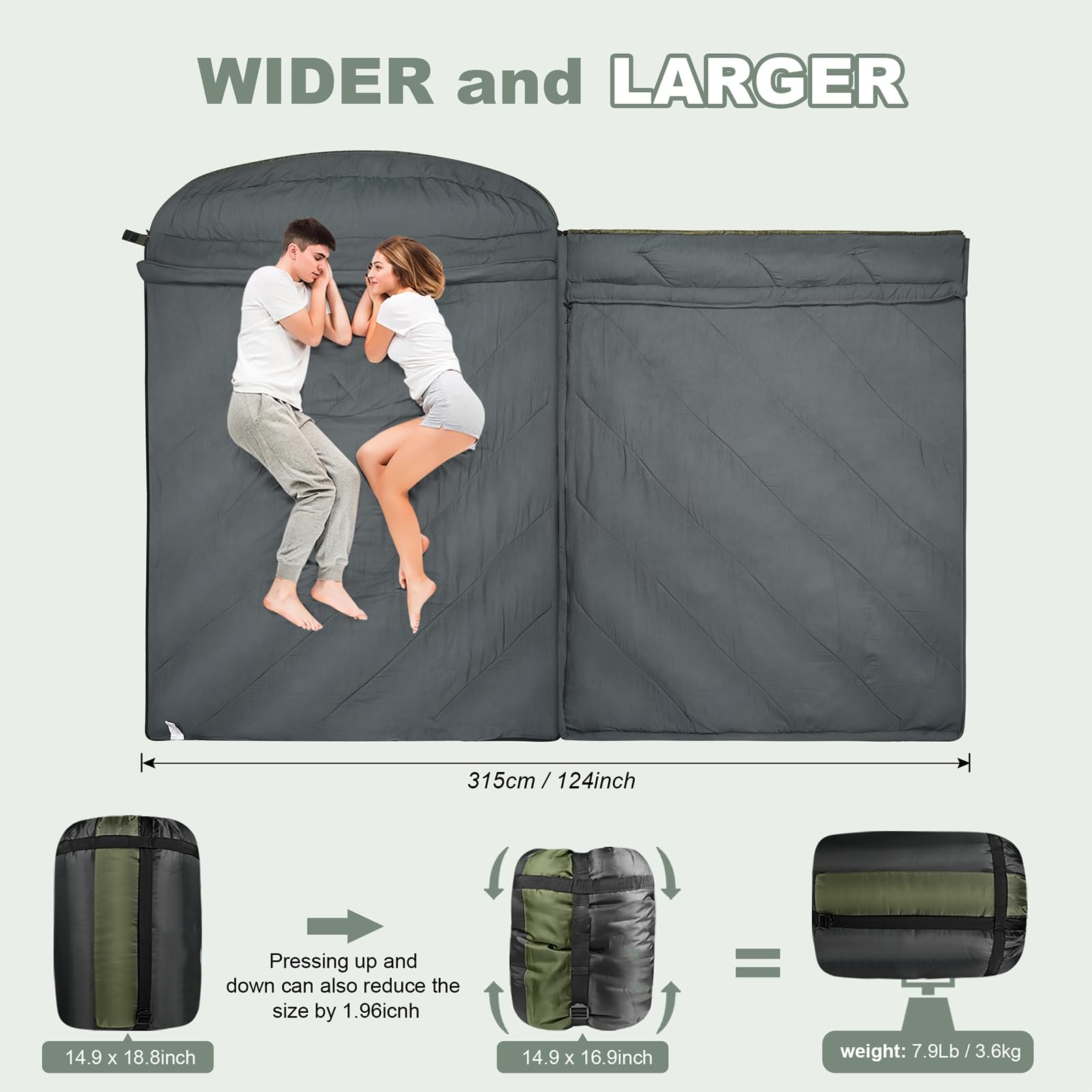 Saco de dormir doble, saco de dormir para 2 personas, tamaño Queen, para adultos, parejas, familia, camping, mochileros, XL, impermeable, ligero, para clima frío y cálido (verde militar)