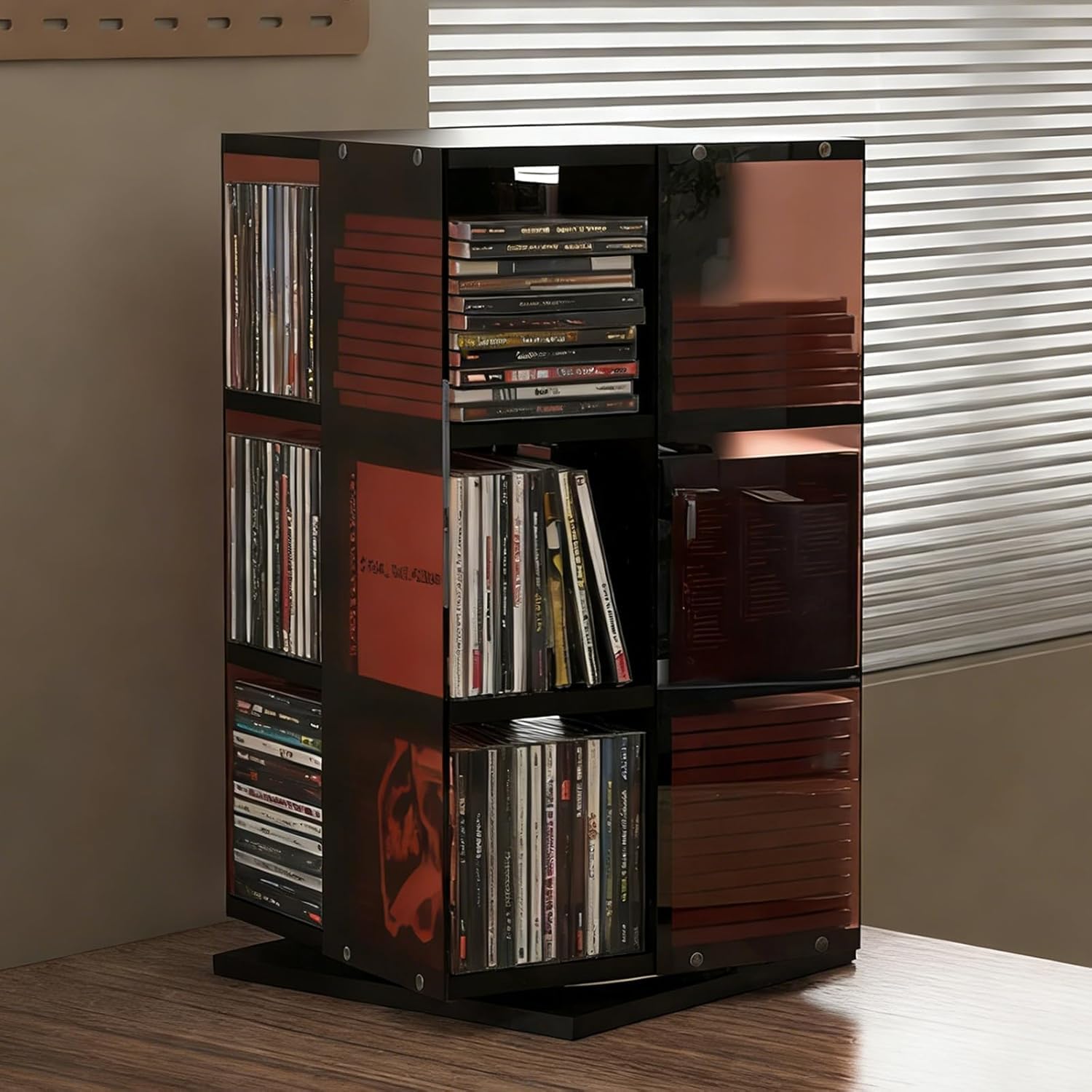 3-Tier CD/Vinyl Storage Rack, 360° Rotating CD Storage Rack, Smooth Rotation, Space-Saving, with Acrylic Baffle, Media Storage Rack, Can Store 120 CDs, for Living Room & Home Office