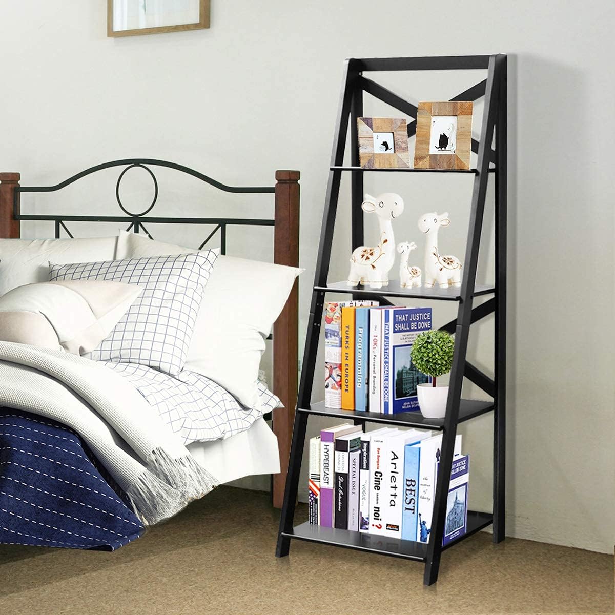 4-Layer Ladder Shelf Rack, Free Standing Wooden Bookcase, Flower Plants Display Shelf, Multifunctional Storage Bookshelf for Entryway Living Room Kitchen Bedroom Office (1, Black)