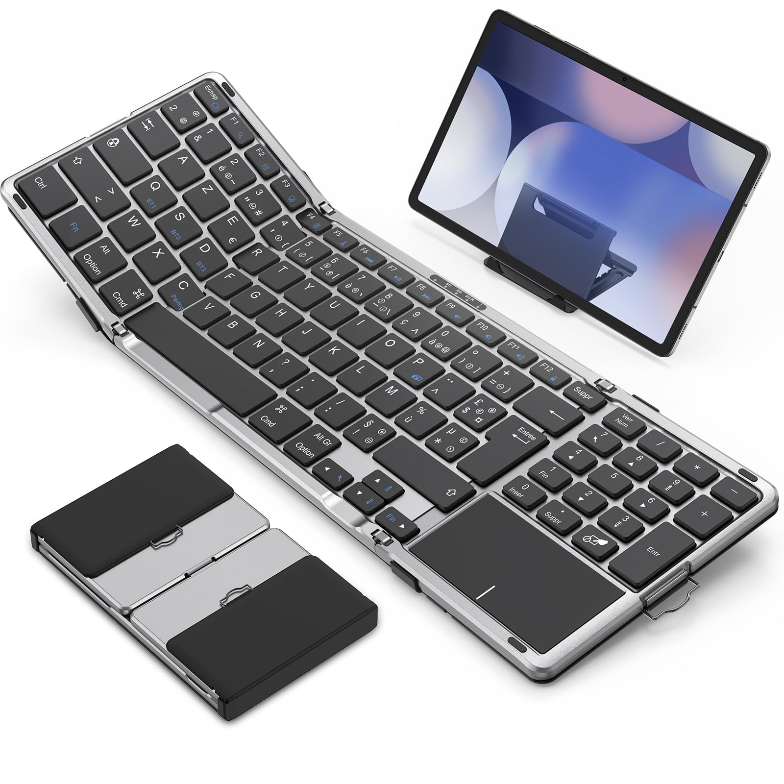 OMOTON Clavier Bluetooth Pliable AZERTY Pavé Tactile & Numérique Portable | Pleine Taille, Rechargeable, 3 Appareils Bluetooth, Support intégré, Compatible avec PC Tablette iPad Windows Mac Android