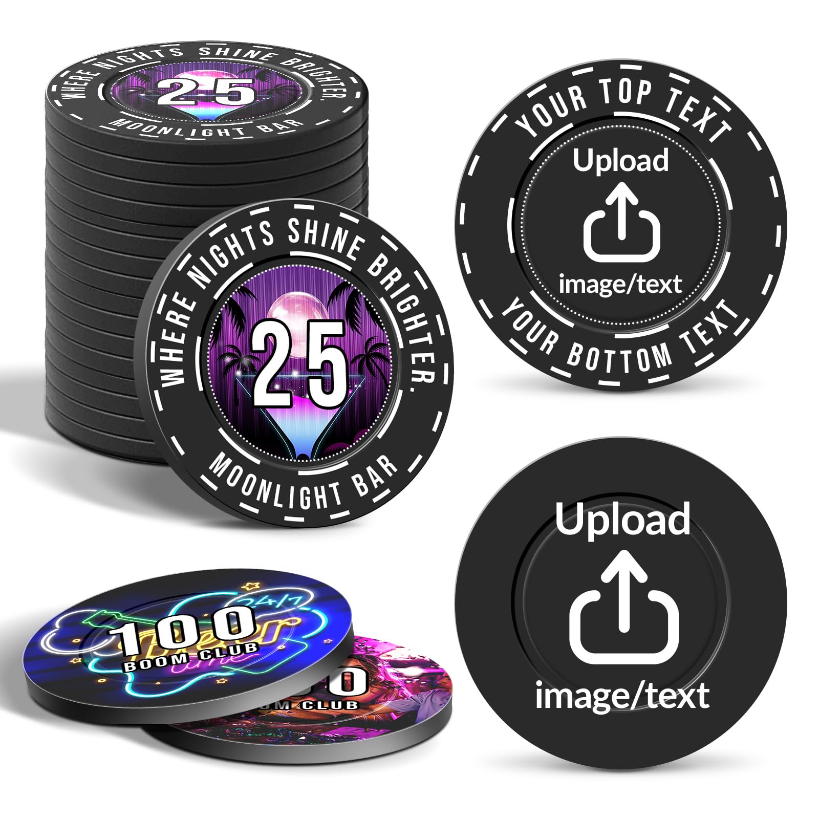 100-1000 Custom Plastic Poker Chips, Double Sided Full Color Print with Your Logo, Image or Text - Personalized Drink Tokens for Bars, Parties, Shops, Clubs, Weddings,Business Cards & Promotions