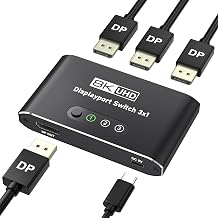 DisplayPort Switch 3 in 1 Out 8K@60Hz, DP Switcher Connects 3 PCs to 1 Monitor, DisplayPort 1.4 Selector 3x1, Manual Button Switcher for Desktop/GPU/Laptop Direct Connection Only No Dock/KVM