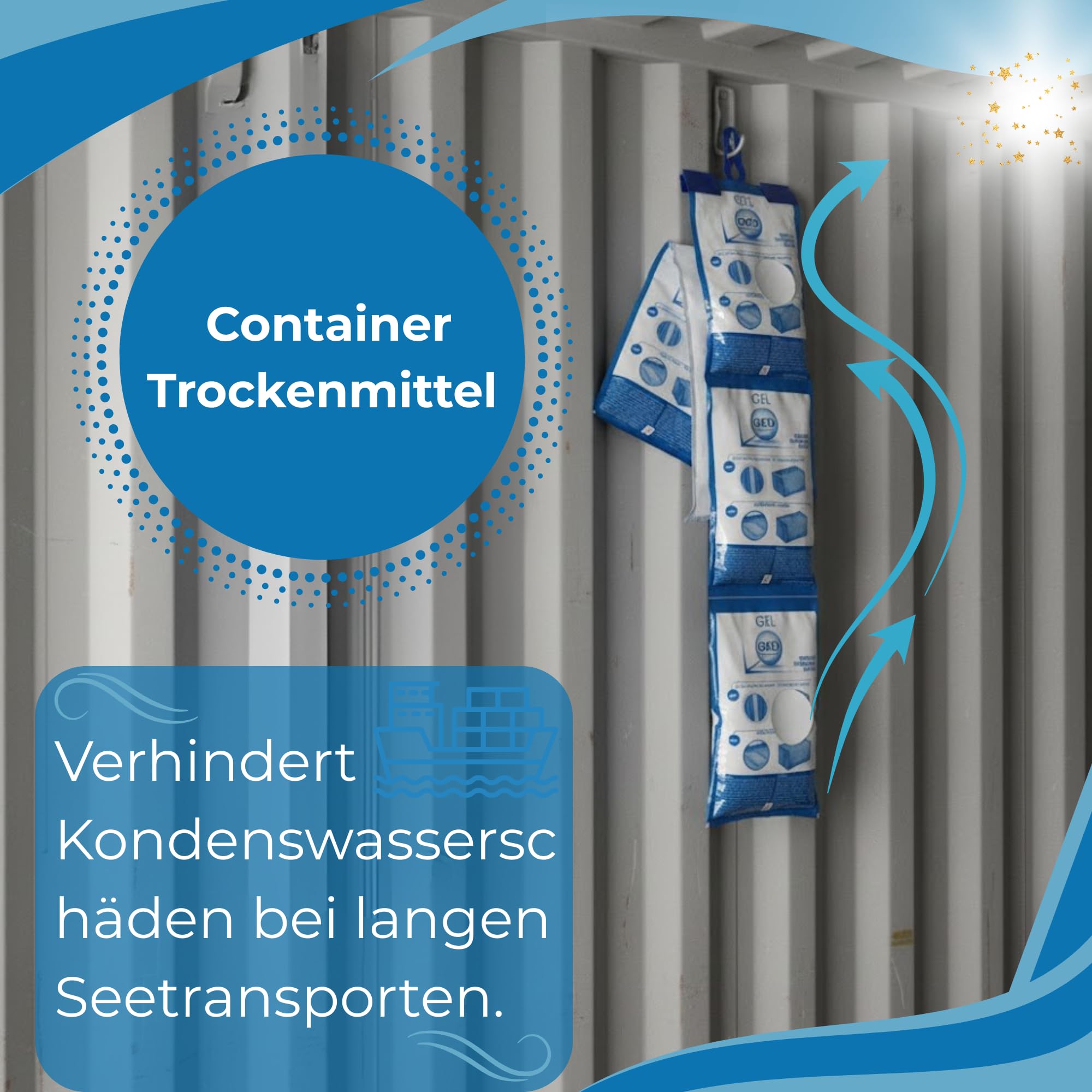 GK Hook 625 Gramm. Container Trockenmittel für Seetransport. Trockenbeutel mit Trocknungsgranulat. Wasserabsorber mit Trockensalz. Trockenmittel Transport