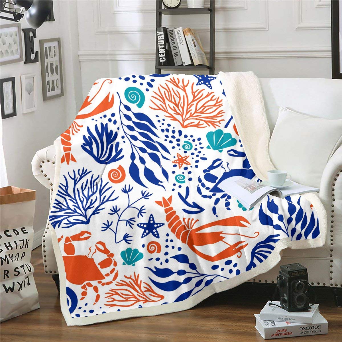 Couverture pelucheuse polaire motif créatures marines