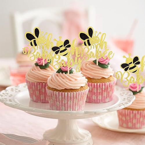 Miniatura 7 de 24 piezas de decoración de cupcakes Bee Oh Baby con purpurina dorada Bumble Bee Oh Babee para cupcakes con temática de abejorros para baby shower de