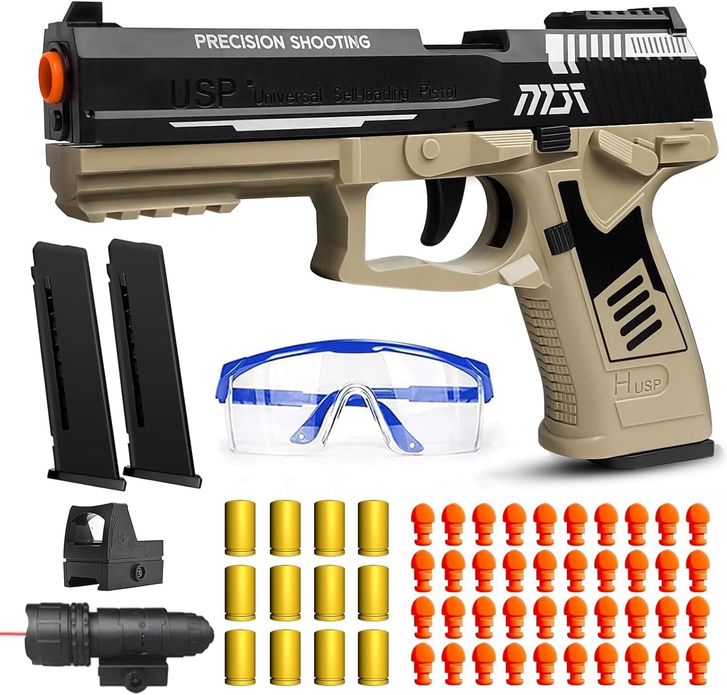 Soft Bullet Toys Gun Pistol, Automatic Continuously Empty Shell Ejecting Toy Gun, 40 Soft Foam Bullets, 2 Magazines, Pistol Education Model Toys (USP Khaki)