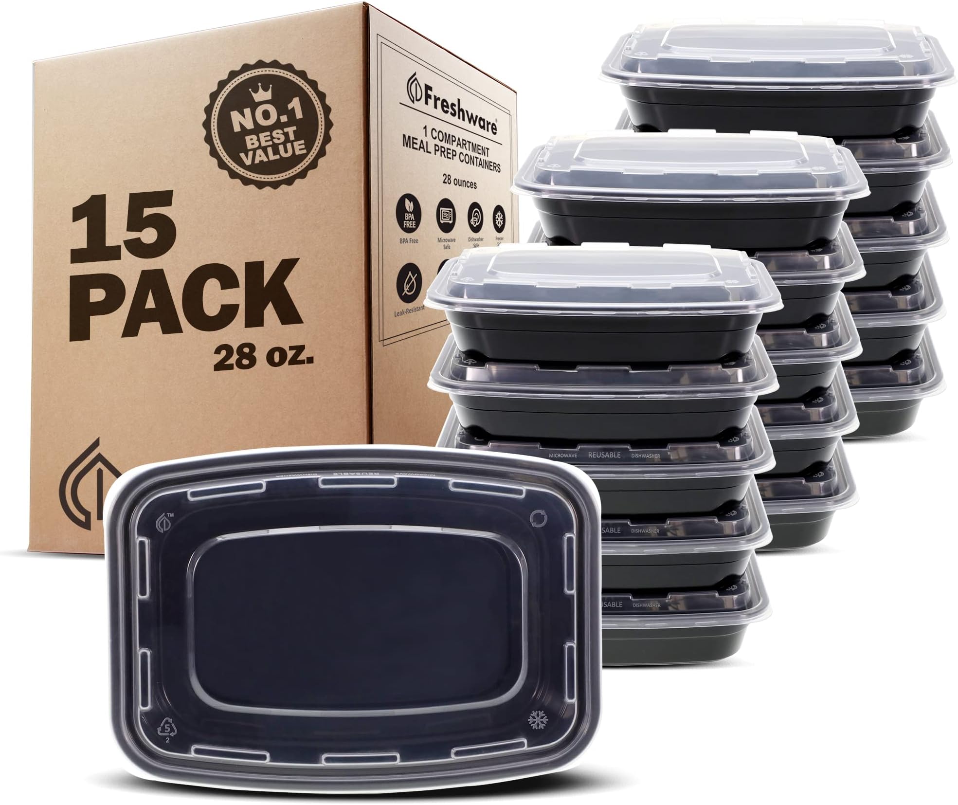 Freshware Meal Prep Containers [15 Pack] 1 Compartment Food Storage Containers with Lids, Bento Box, BPA Free, Stackable, Microwave/Dishwasher/Freezer Safe (28 oz)