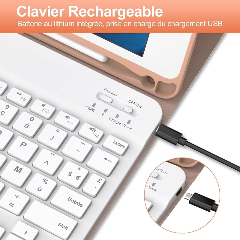JADEMALL iPad 9.7 Tok AZERTY Bluetooth Billentyűzettel, Mágneses Leválasztható Hüvely, Pink