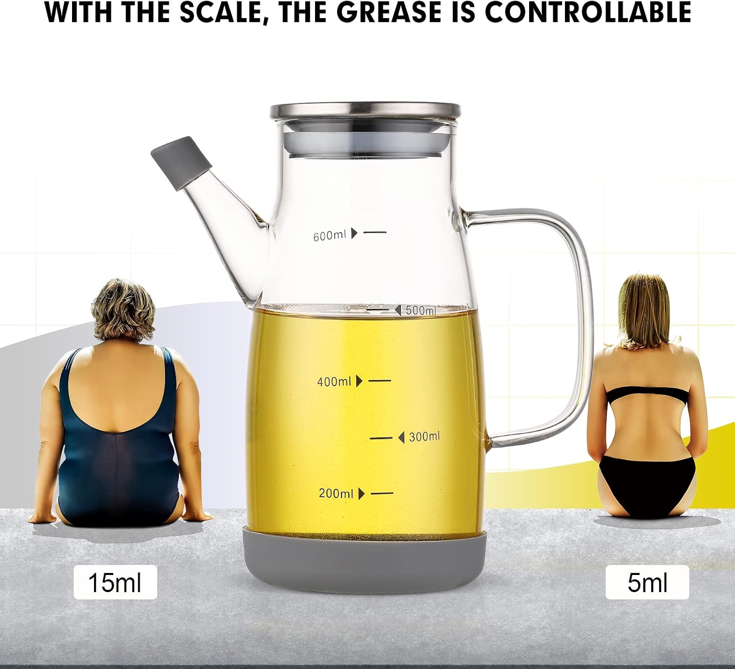 Glass Oil Dispenser Bottle - Glass Olive Oil Bottle for Kitchen, Wide Mouth Borosilicate Glass Cooking Oil Bottles with Lid and Handle (600ML)