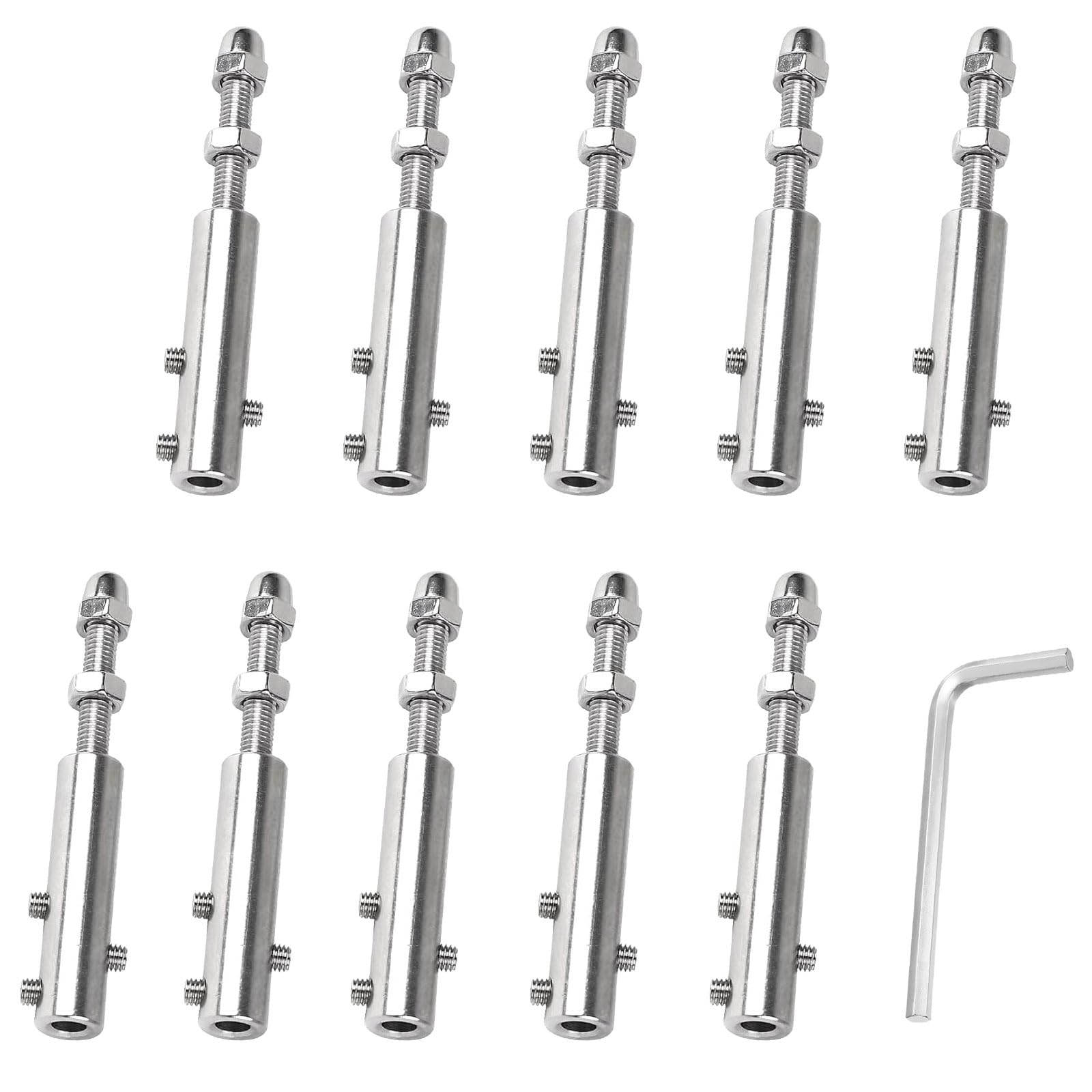 Lot De 10 Tendeurs De Câble 5 Mm En Acier Inoxydable 304 – Serre-Câble Robuste Avec Tige Filetée, Clé Allen Incluse – Idéal Clôtures, Garde-Corps, Voiles D’Ombres & Rambardes