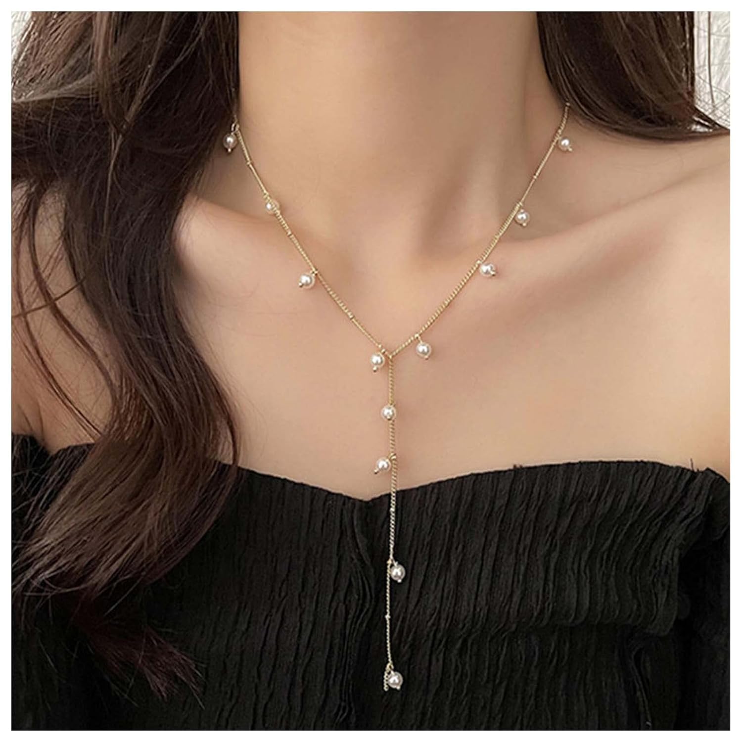 Andelaisi Boho Tassel Pearl Pendant Necklace Vintage Y Lariat Pearl Necklace White Pearl Tassel Choker Necklace Long Tassel Chain Y Drop Necklace Jewelry for Women - Image 2