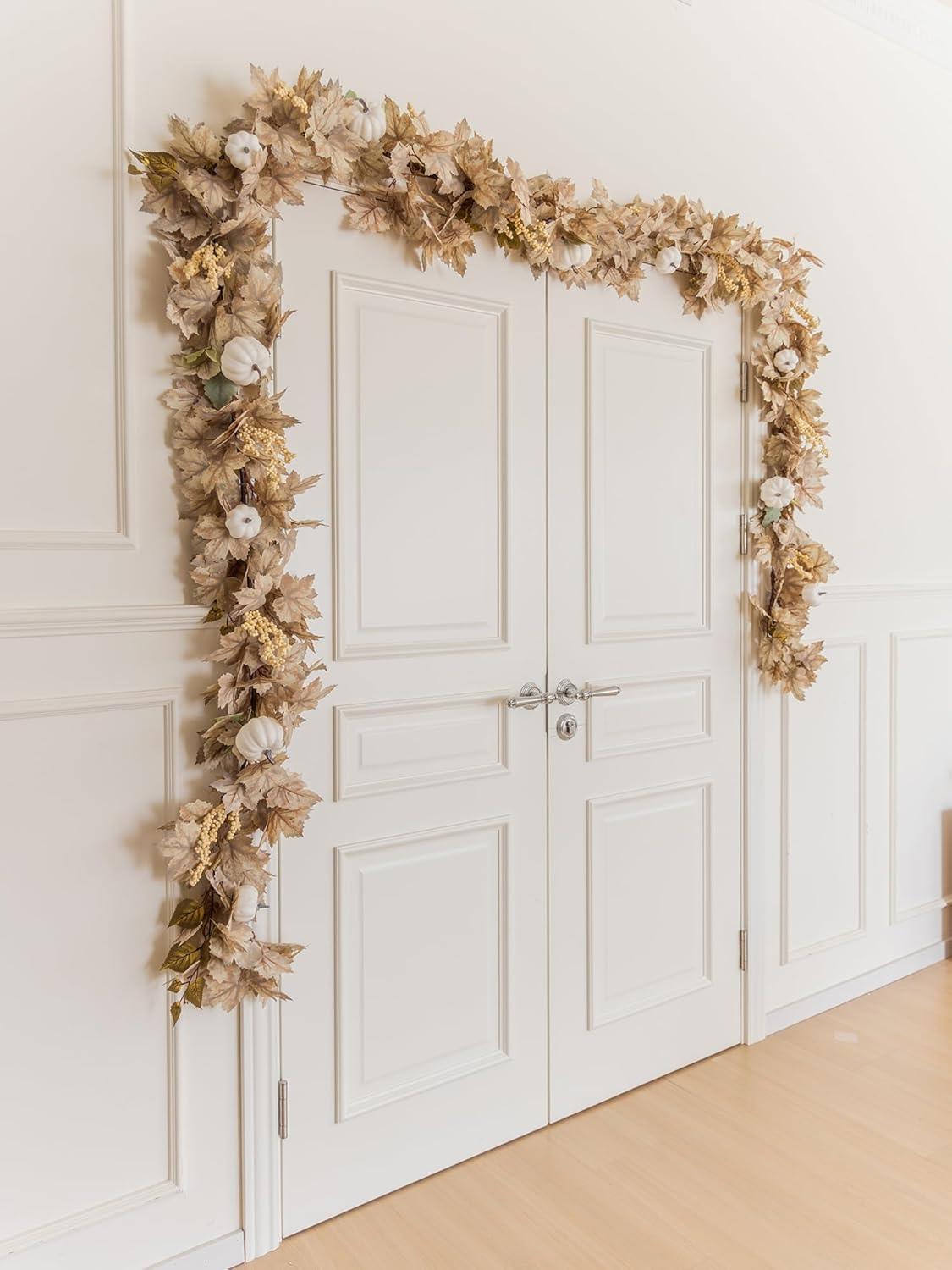6.8ft Fall Garland Maple Leaf Autumn Thanksgiving Pumpkin Berry Garland, Christmas Halloween Mantle Fireplace Farmhouse Harvest Decorations for Home Outdoor Indoor(White)