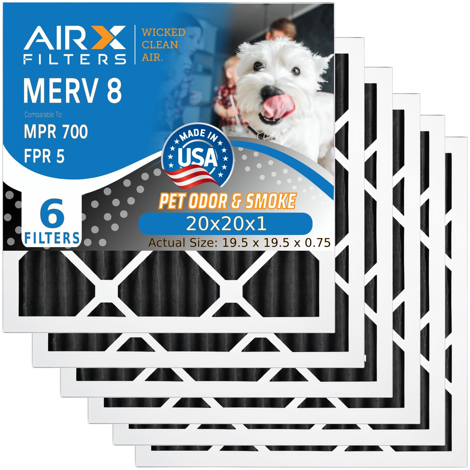 AIRX FILTERS WICKED CLEAN AIR. 20x20x1 Air Filter Odor Eliminator Carbon Filter MERV 8 AC HVAC Furnace Filters 6 Pack