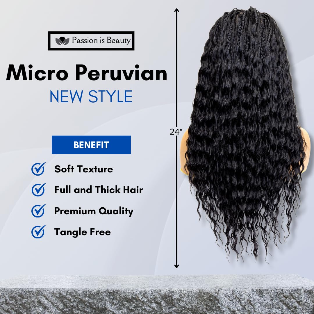 PIB Single Full Lace Braid Wig – Micro Boho Peruvian Deep Wave Box Braided Wig, Knotless Braided Wigs for Black Women, Curly Hair Wig (#1B Off Black, 24" Small-Medium)
