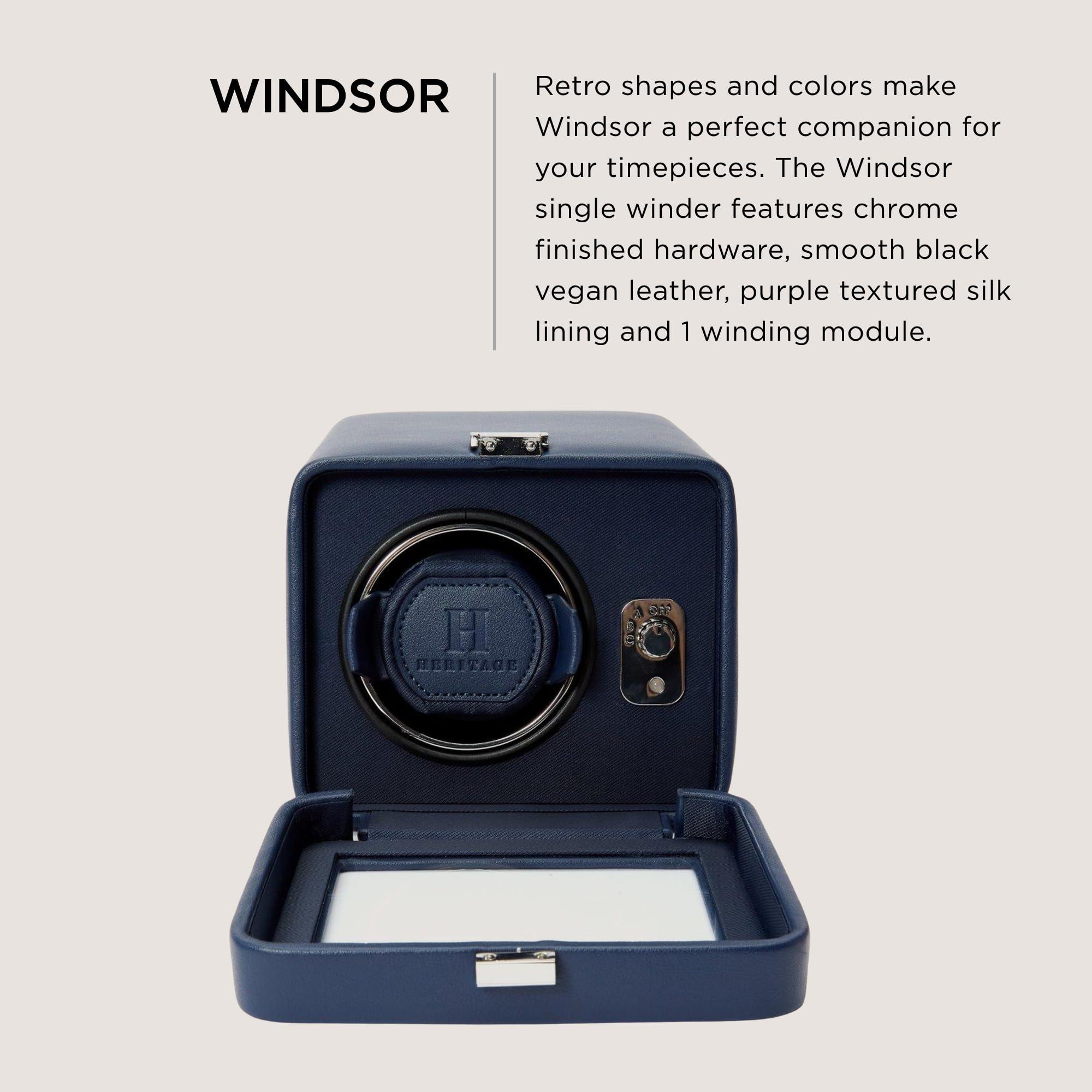 Wolf Heritage Single Winder with Glass Cover, Navy - Secure Fit with Patented Lock-in Dynamic Cuff - for Bigger, Heavier Watches - Vegan Leather - Includes Universal Adapter