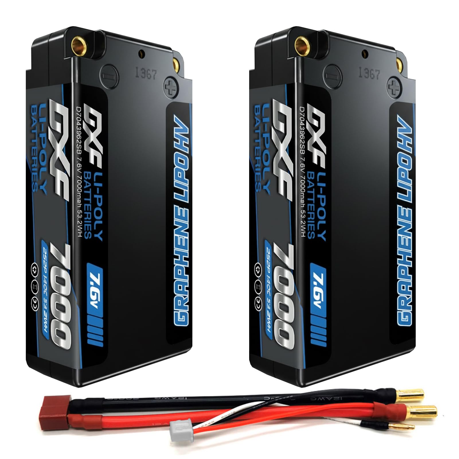 DXF Batería LiPo HV 2S 7.6V 7000mAh 140C con Conector 5mm Bullet a Deans-T para Coches RC 1/8 1/10- Potencia Sin Límites - Pack de 2 Unidades