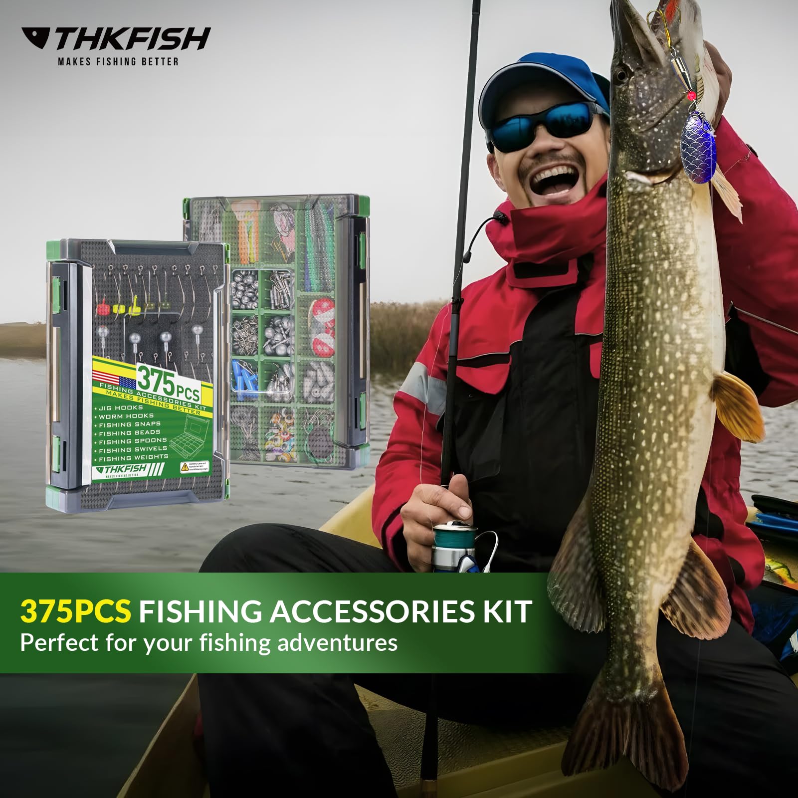 THKFISH Kit di accessori da pesca da 375 pezzi, scatola organizzata su entrambi i lati con attrezzatura da pesca inclusa esche da bagno, ami da pesca, piombini per pesi, attrezzatura da pesca per