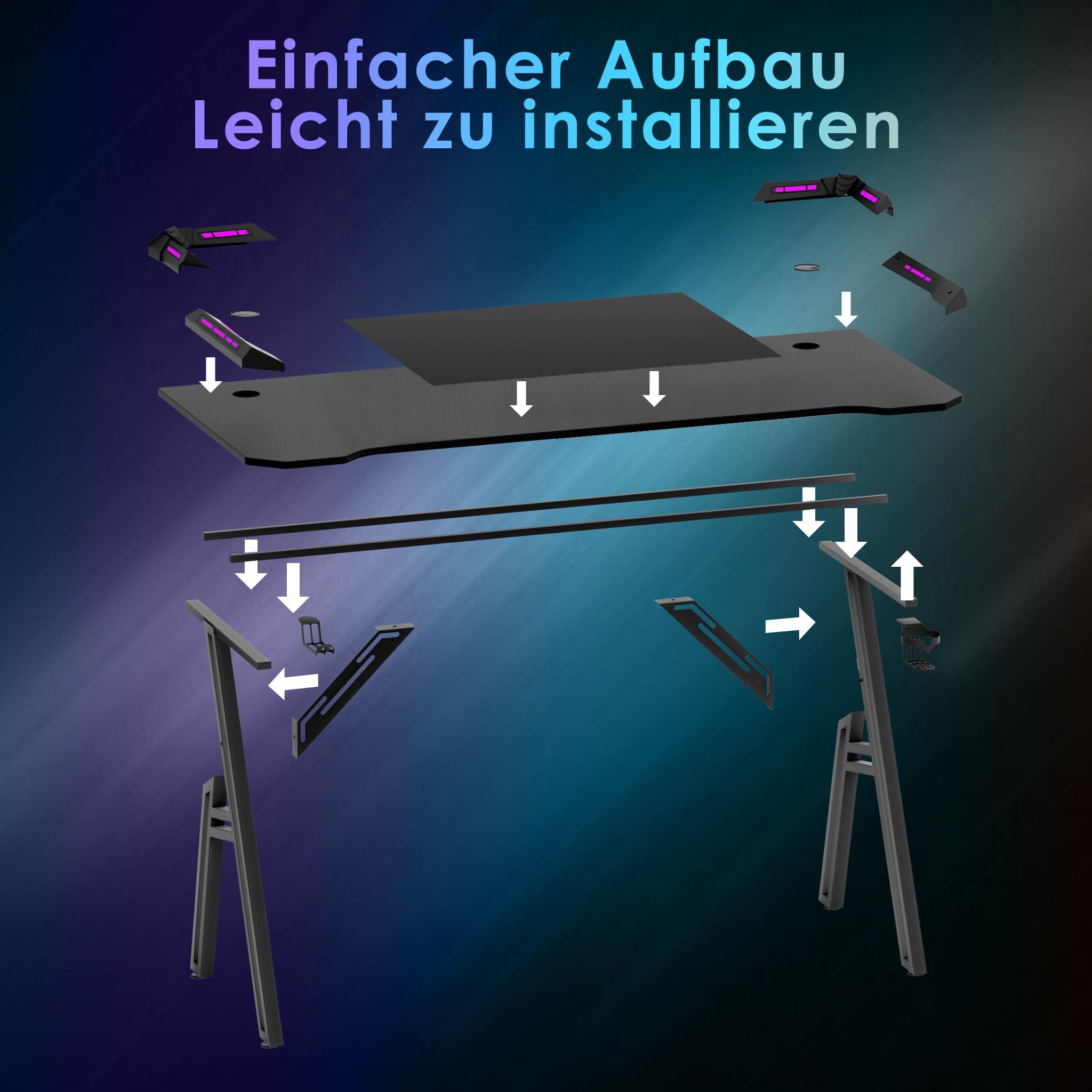 ACXIN Gaming Tisch – Gamer Schreibtisch 140 x 60cm, A-förmiges Design, RGB LED-Beleuchtung, Kohlefaseroberfläche, Ergonomischer Eckschreibtisch mit Getränkehalter und Kopfhörerhaken