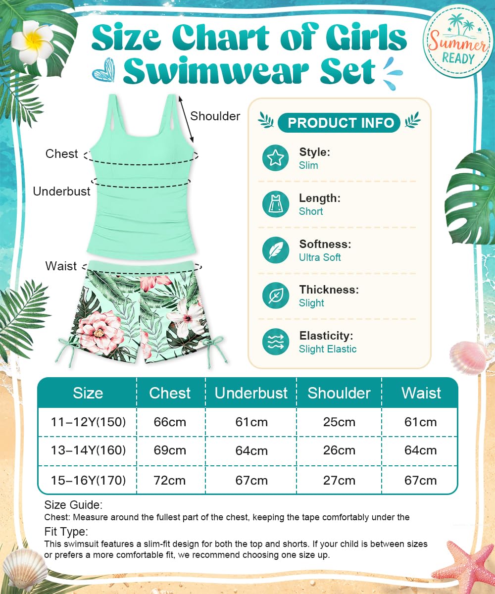 Costume da Bagno Bambina, 2 Pezzi Tankini Bambina con Top Tinta Unita e Pantaloncini Stampati con Coulisse Regolabile Due Pezzi Bambina 11-16 Anni