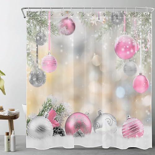Miniatura 5 de LB Pink Christmas Shower Curtain Sets with Rugs Silver Xmas Ball with Green Fir Branches Winter Holiday Fabric Shower Curtain with Hooks New Year