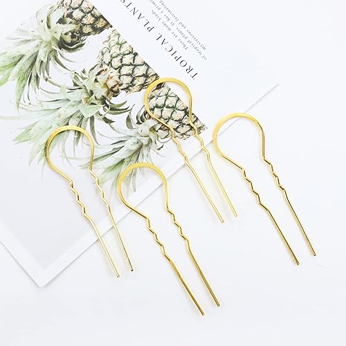 Miniatura 6 de Dizila Paquete de 40 horquillas de metal dorado en forma de U en blanco, palillos chinos, palillos chinos para el cabello, base de moño rápido,