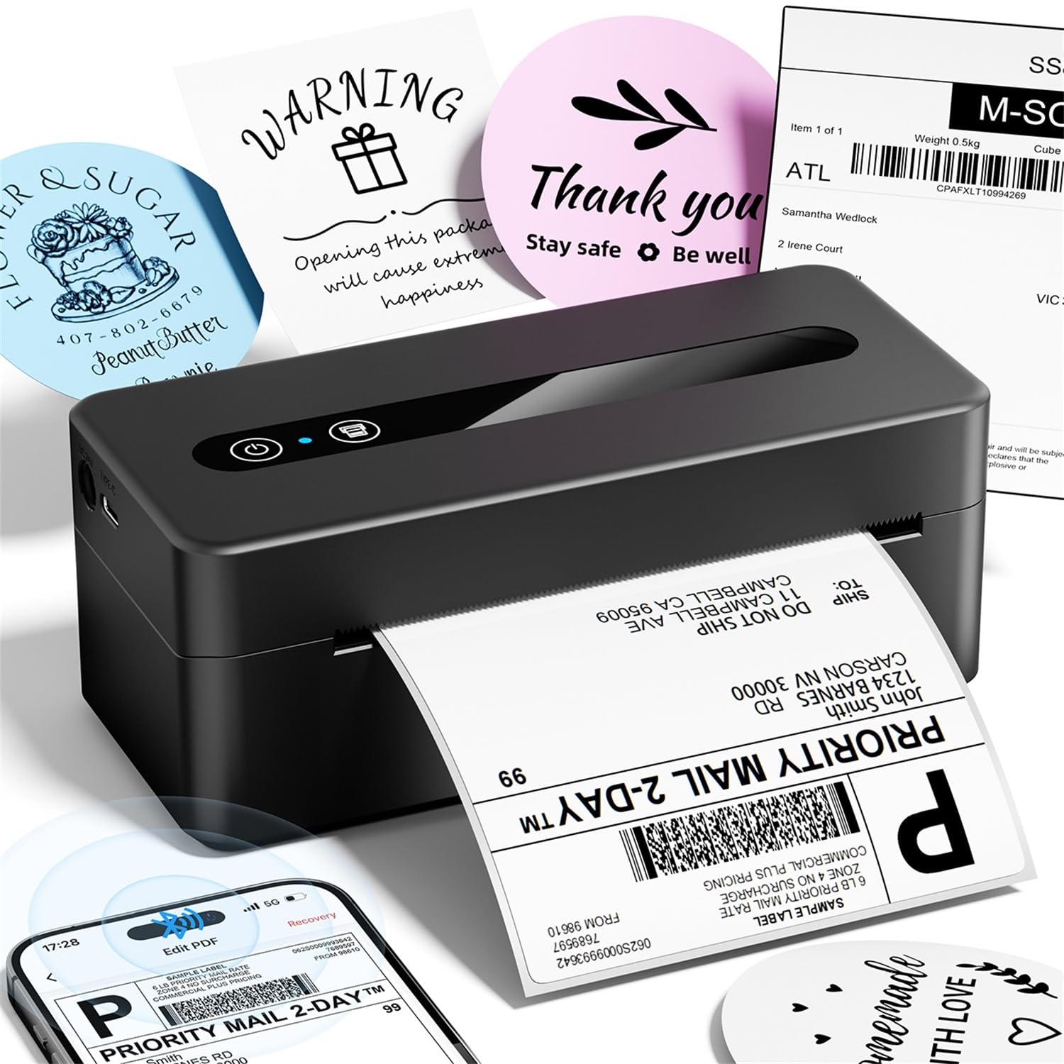 TATTMUSE Versandetiketten Drucker 4x6, DHL Etikettendrucker Bluetooth | Label Printer Unterstützt iOS, Android, Windows und Mac, Thermodrucker Labeldrucker Kompatibel mit Amazon, Vinted, DPD