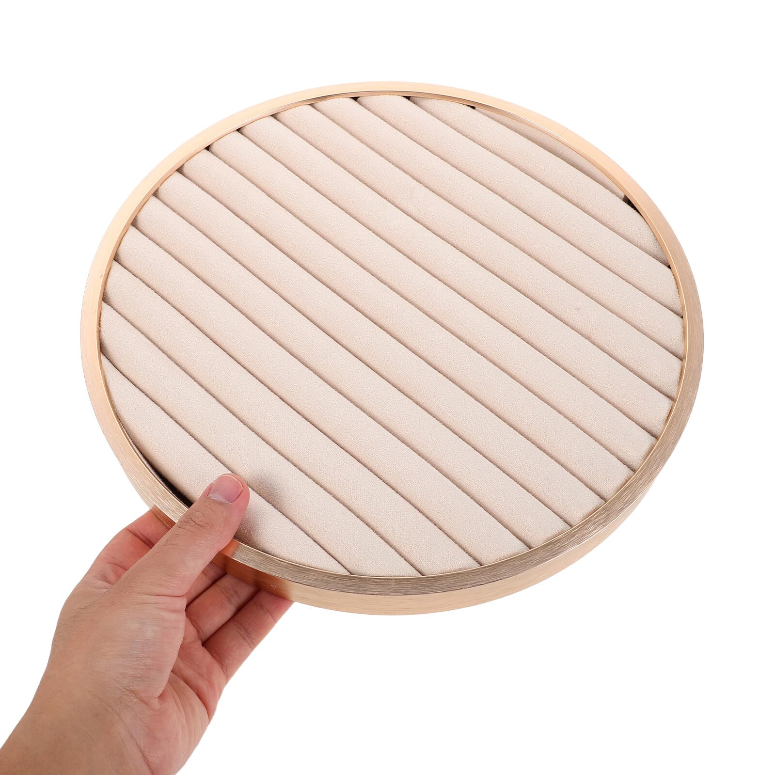 Bandeja de Exhibición de Joyas de Terciopelo Redonda Beige | Metal Ligero, para Collares y Abalorios, Uso en Fotografía y Viaje, Acabado Elegante Decorativo
