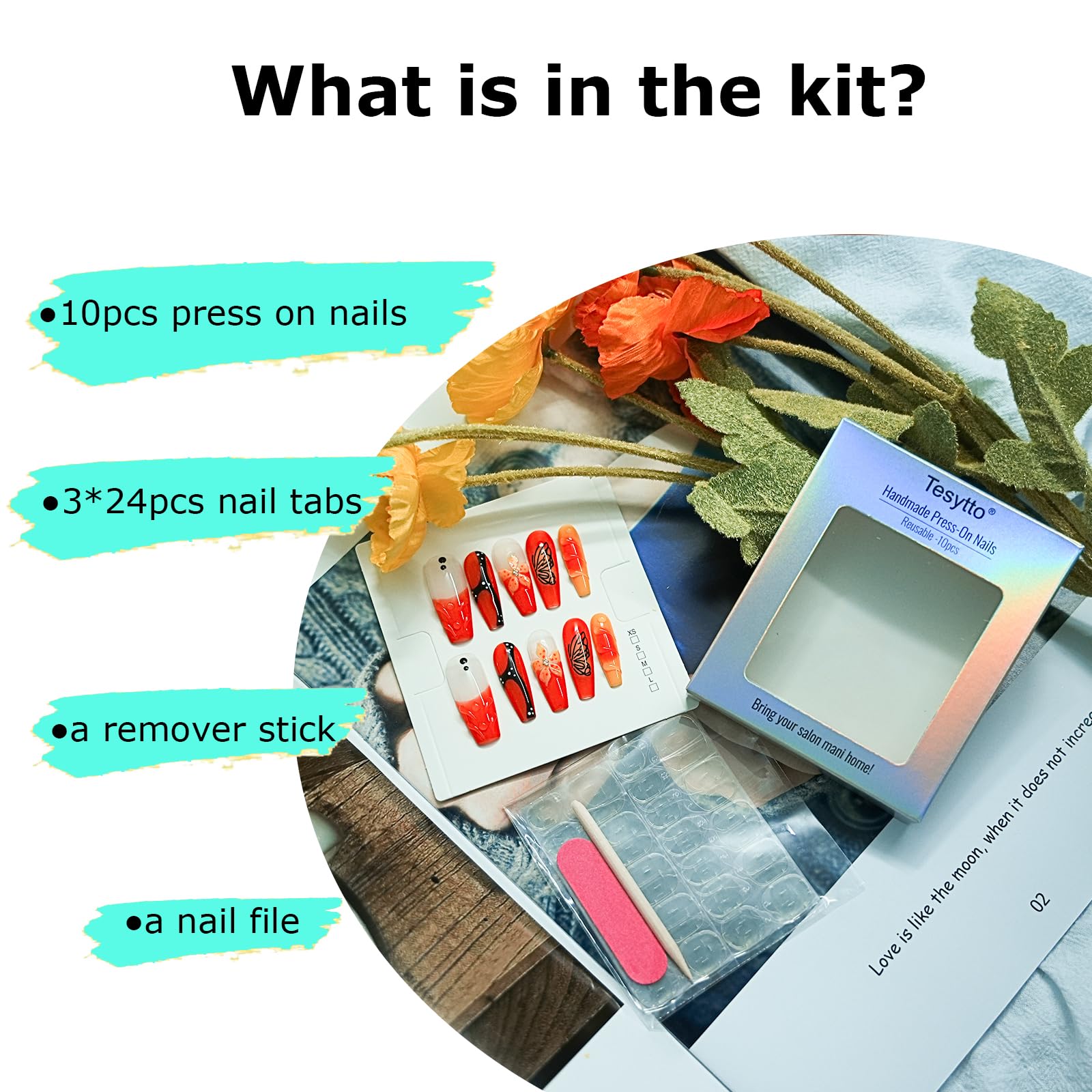 Tesytto Handmade Press on Nails Long Coffin Muti-Layer Gel Fake Nails - 3D Lotus Flowers & Tiger Print, French Tip Glossy Thick Acrylic Nails (Playful Zebra with Lotus,S): M Mango Sago