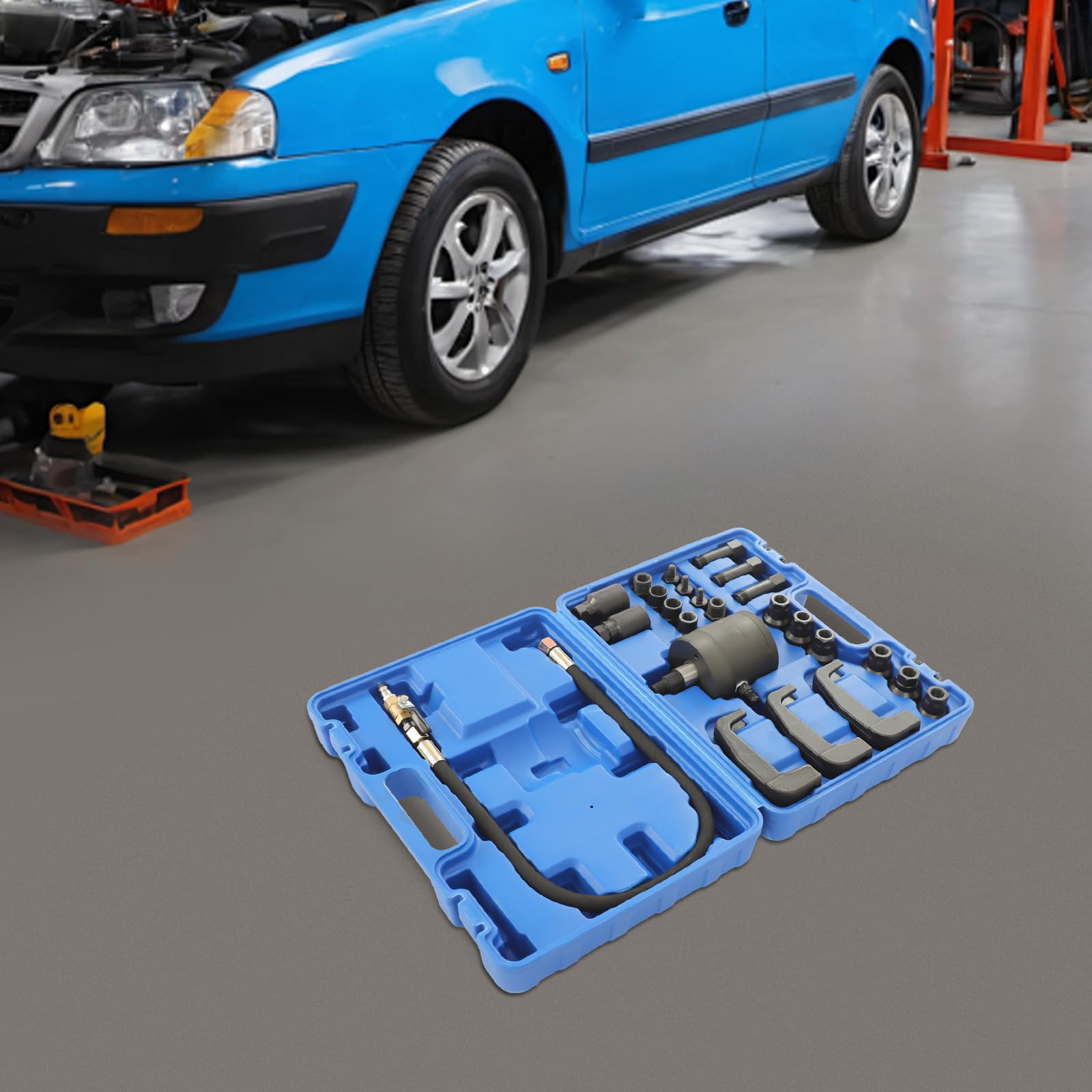 Estrattore iniettore, iniettore pneumatico diesel, set completo con 19 adattatori, 3 ganci estraibili e martello pneumatico, per Bosch/Delphi/Denso/Siemens (blu/nero)