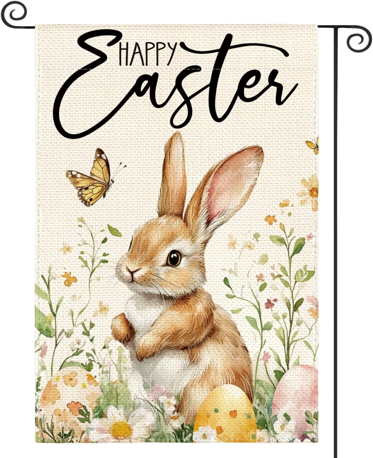 AVOIN colorlife Happy Easter Bunny Garden Flag 12x18 Inch Double Sided Outside, Floral Rustic Holiday Yard Outdoor Flag