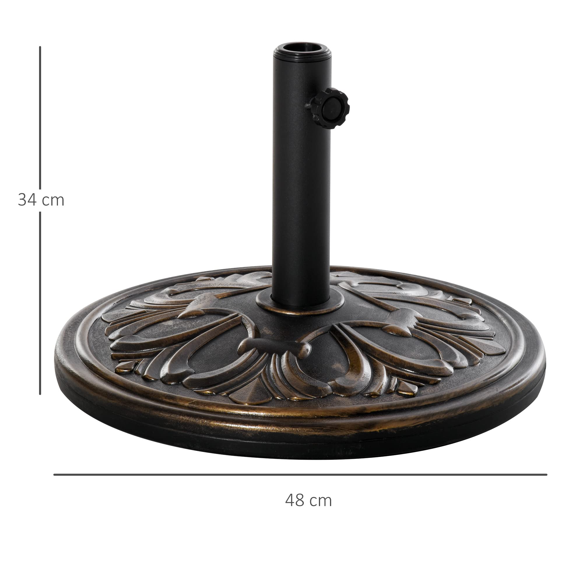 Outsunny Pied de parasol rond base de lestage Ø 48 x 34H cm ciment HDPE motif fleurs de lys poids net 13 Kg noir doré