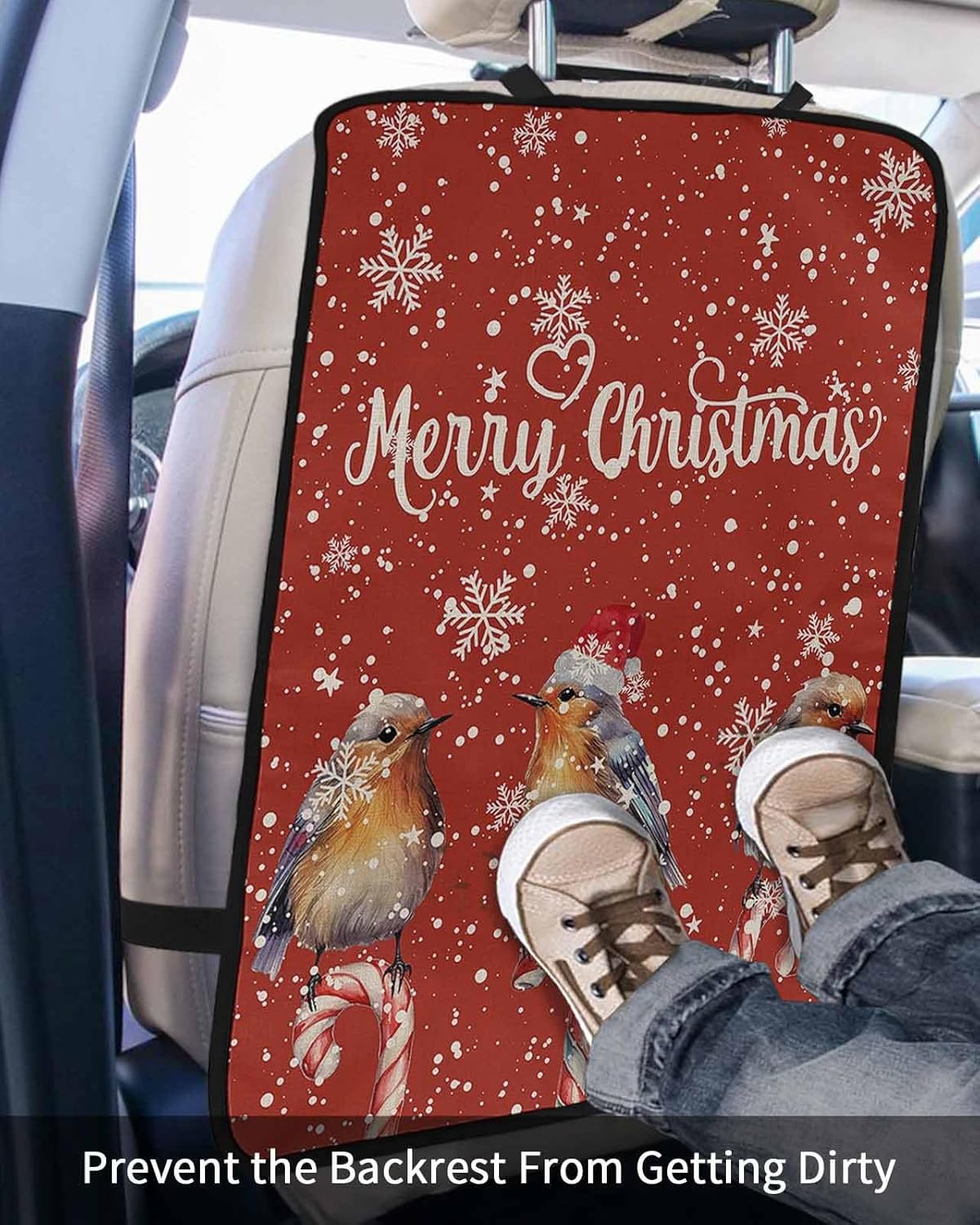 Car Seat Protector, 2 Pack Kick Mats Back Seat Protector Merry Christmas Robins Stand on Candy Cane Snowflake Red Waterproof Backseat Cover for Kids Universal Fit Automotive Interior Protectors