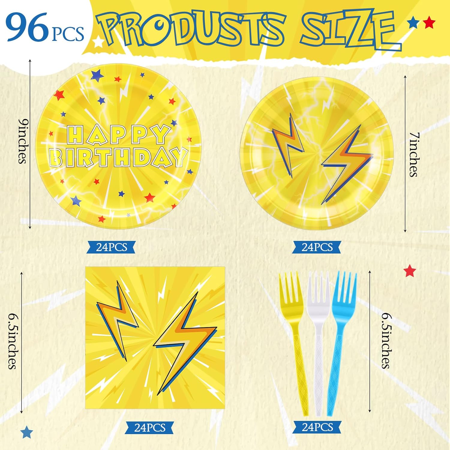 96 Pcs Cartoon Animation Birthday Party Supplies, Lightning Bolt Party Decorations Including Paper Plates, Napkins, Forks for Cartoon Birthday Decorations, Serves 24 - Image 2